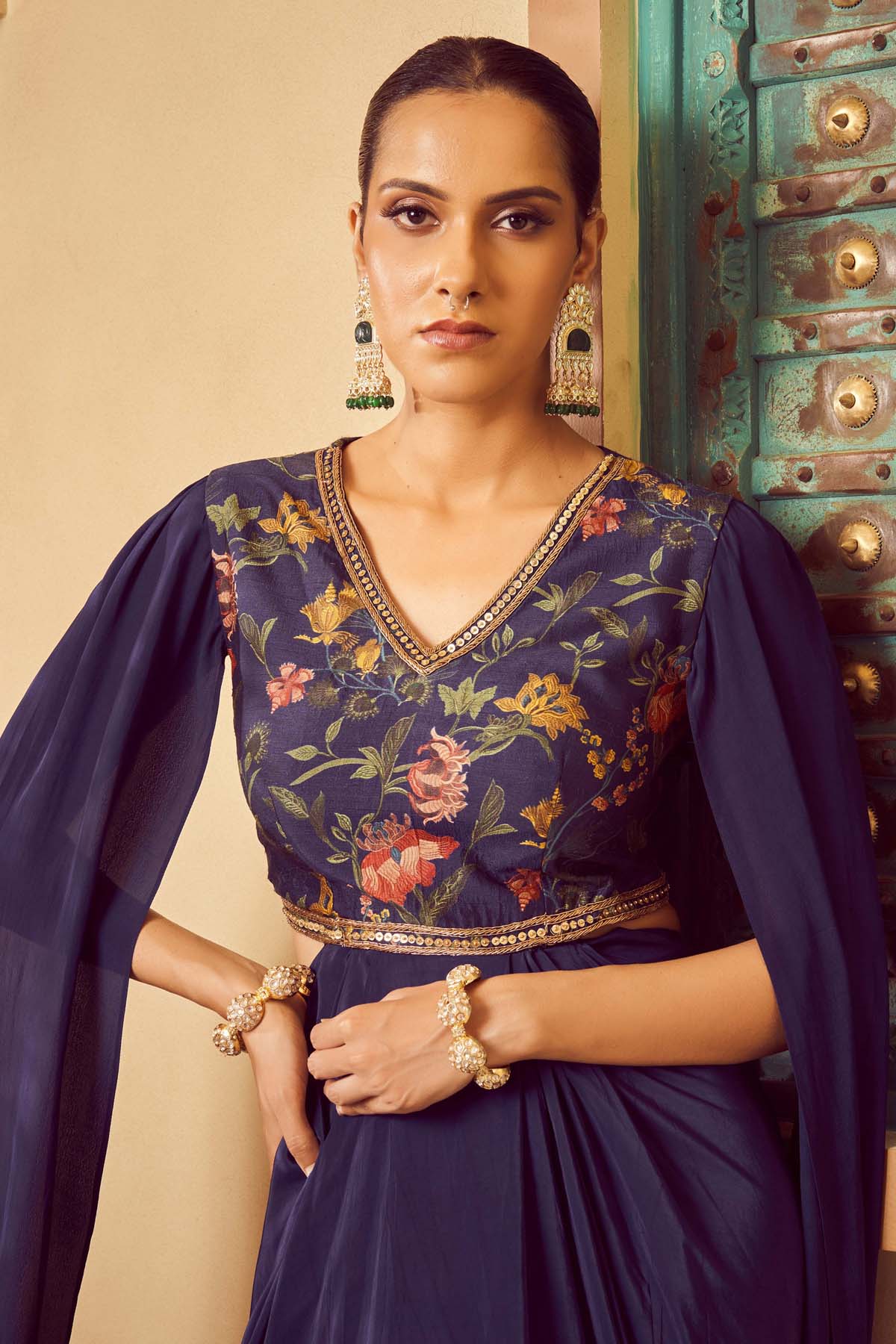 Blue Embroidered Saree Gown