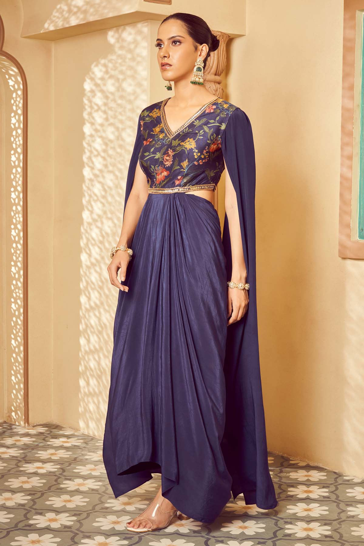 Blue Embroidered Saree Gown