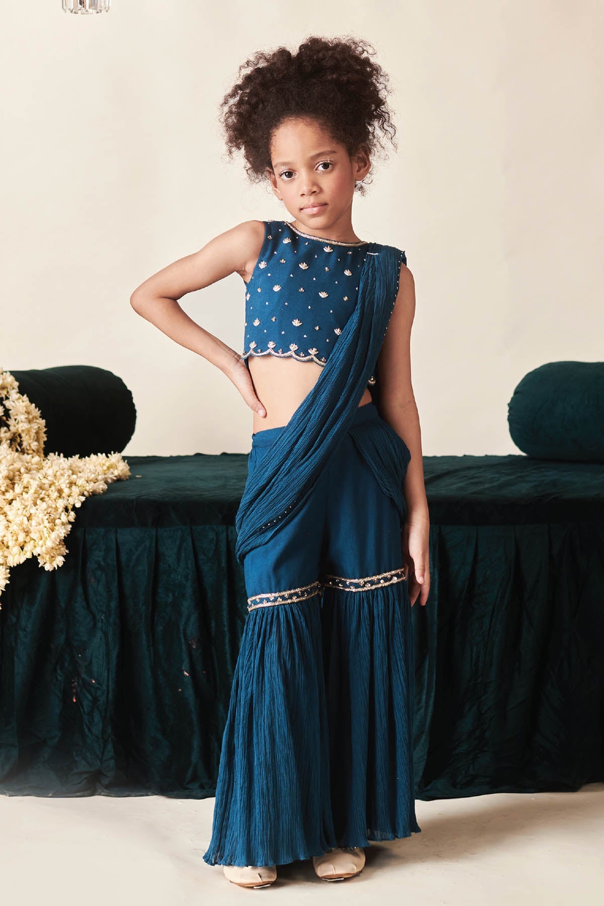 Designer Littleens Blue Embroidered Sharara Saree Set For Kids (Boys & Girls) Available online at ScrollnShops