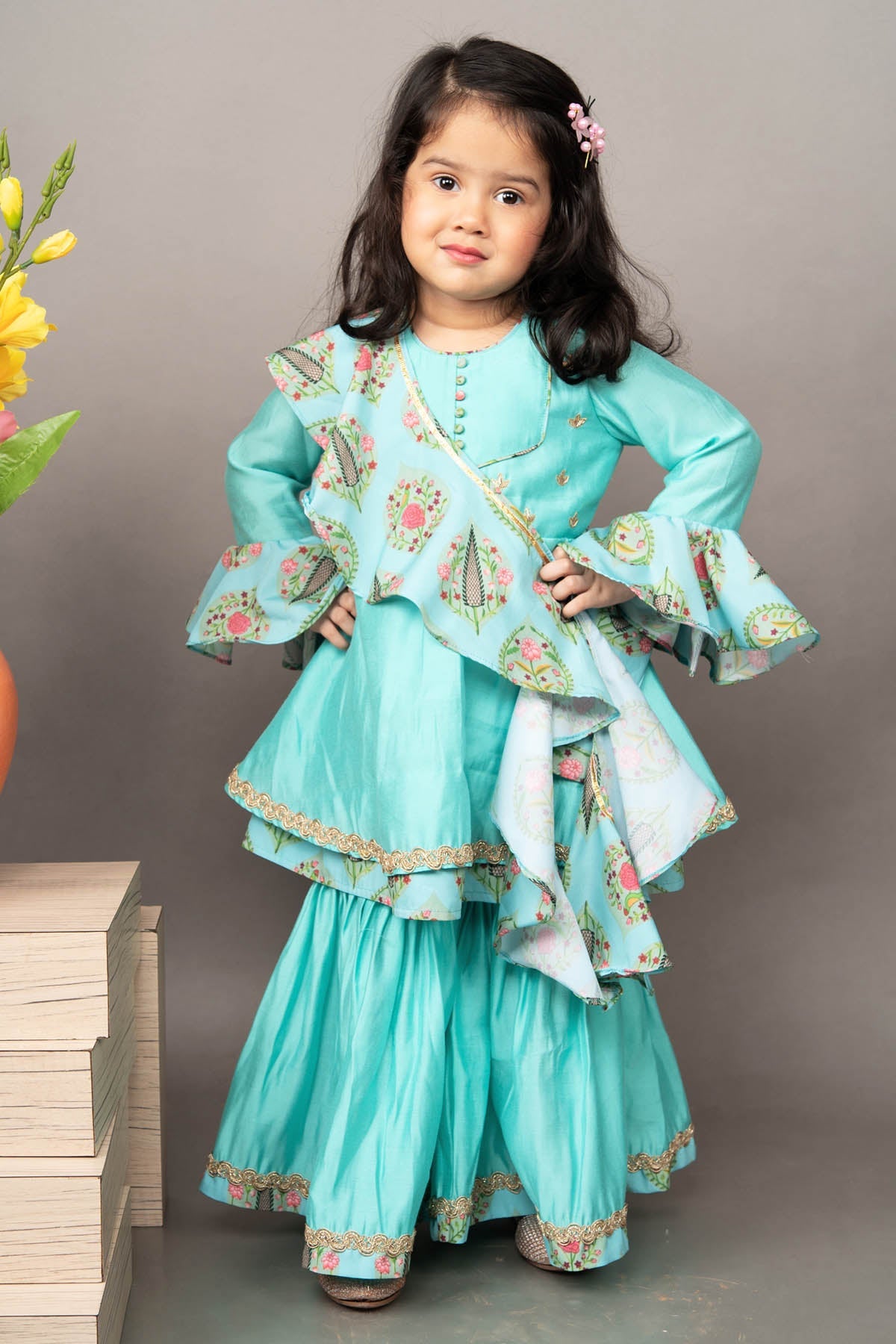 Little Brats Twirling Dreams: Aqua Embroidered Sharara Set kidswear at scrollnshops