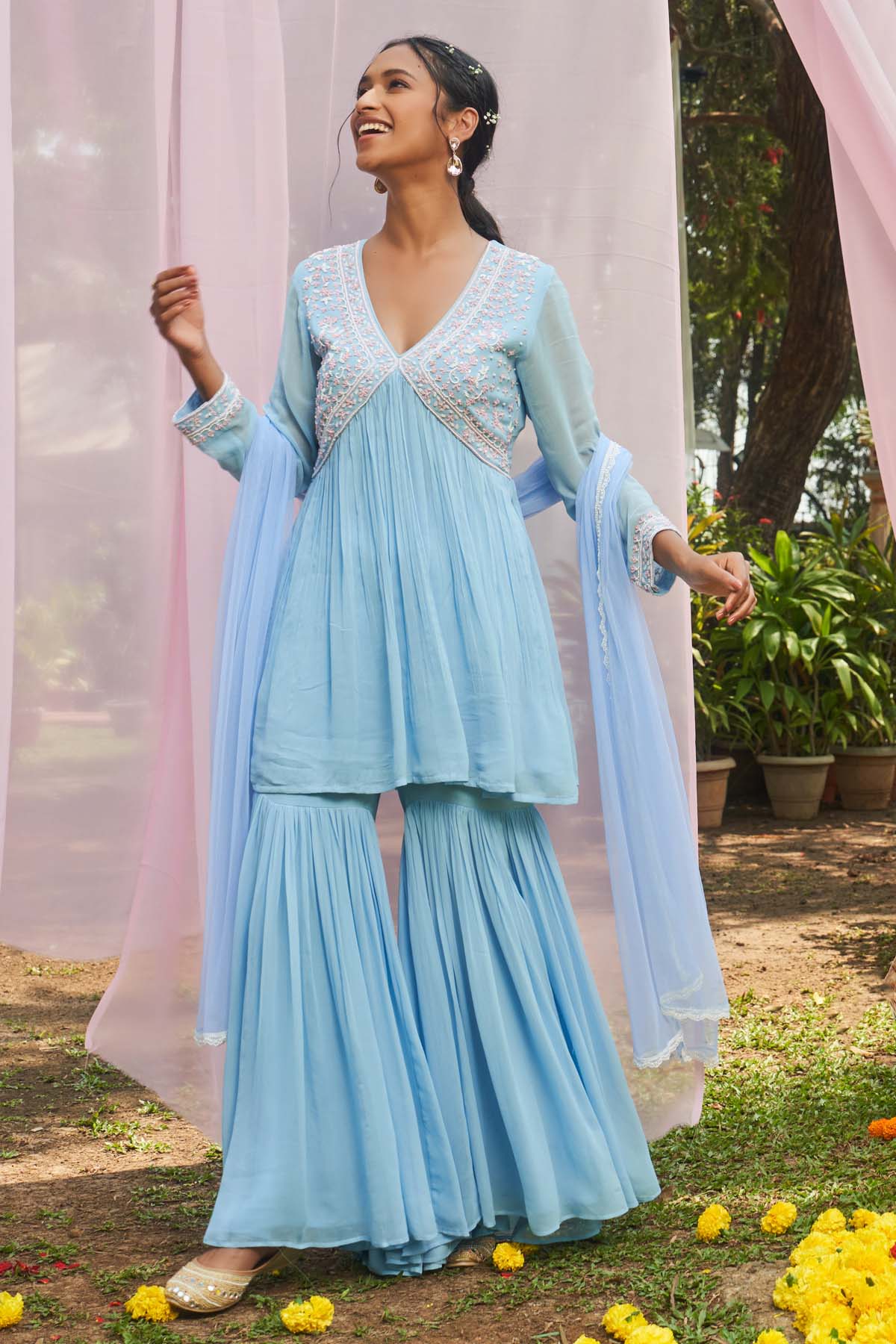 Ice Blue Embroidered Sharara Set