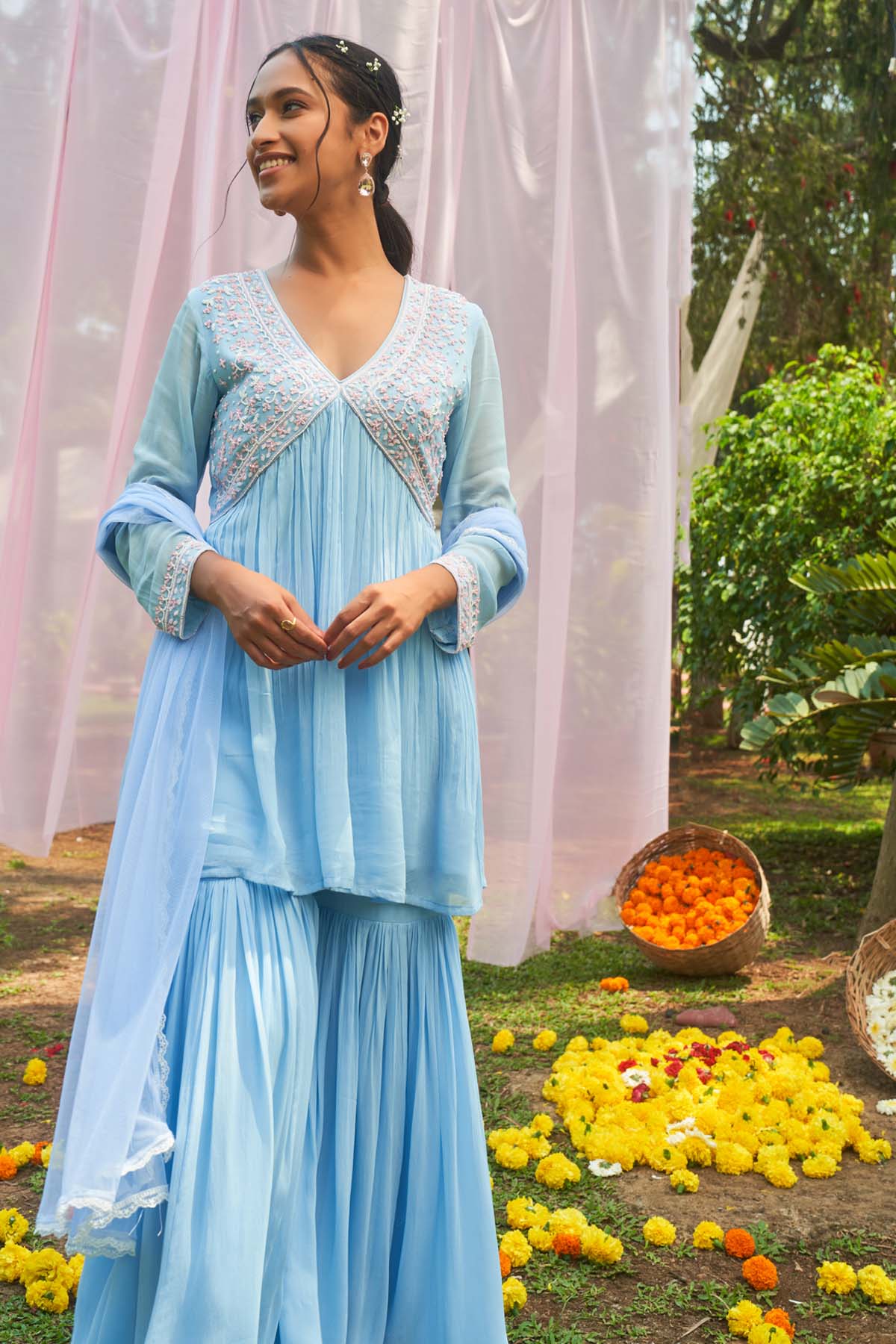 Ice Blue Embroidered Sharara Set