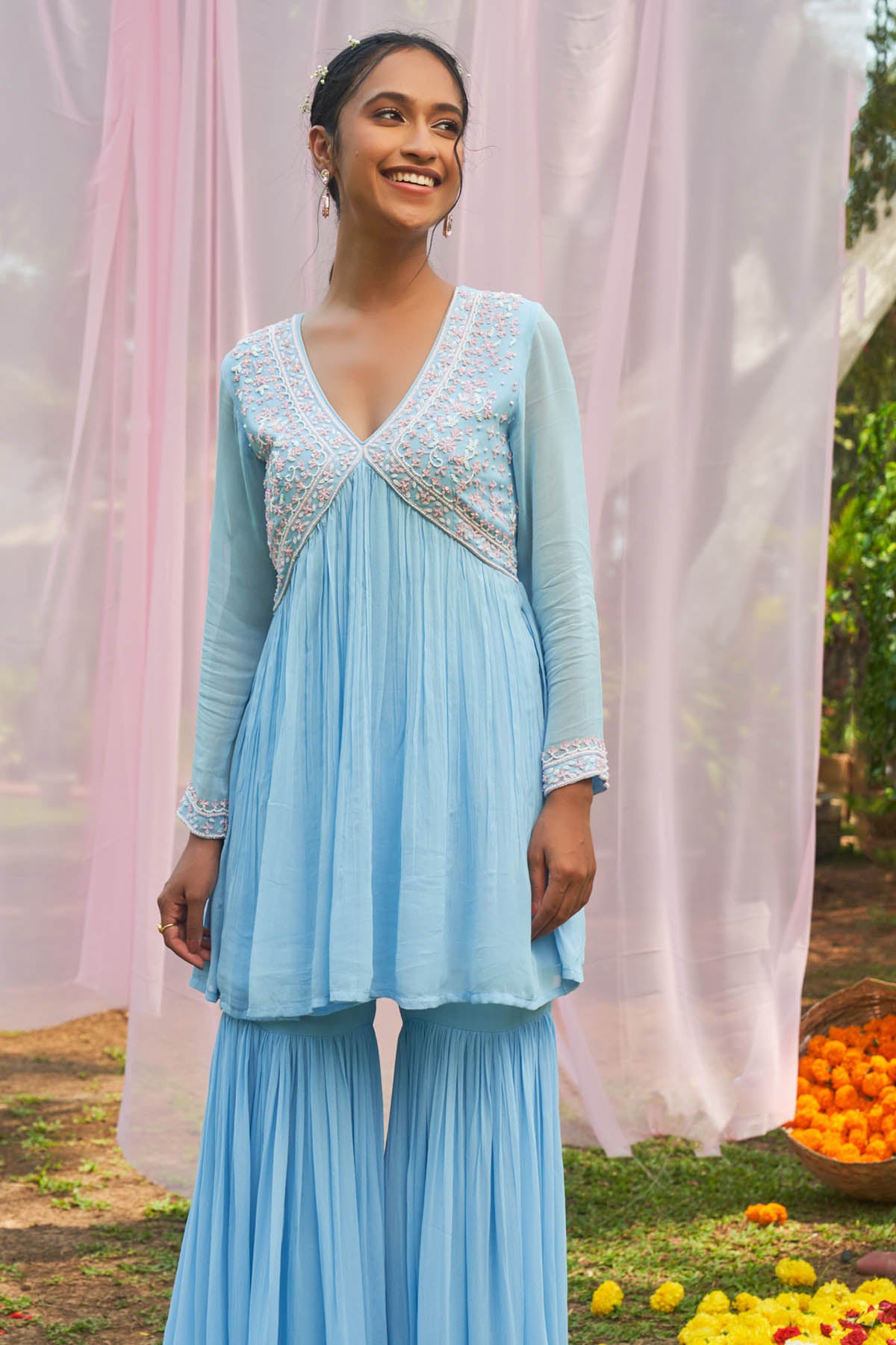 Ice Blue Embroidered Sharara Set