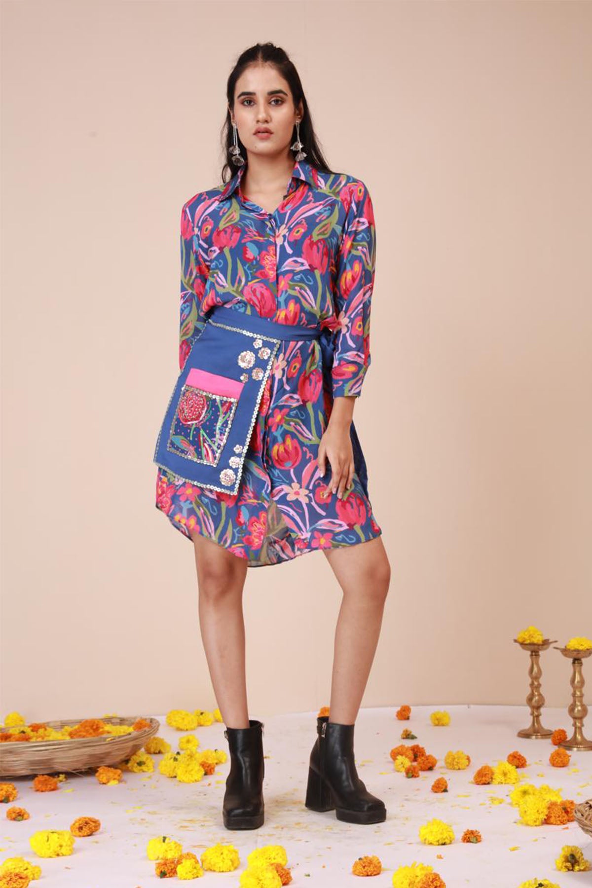 Blue Embroidered Shirt Dress