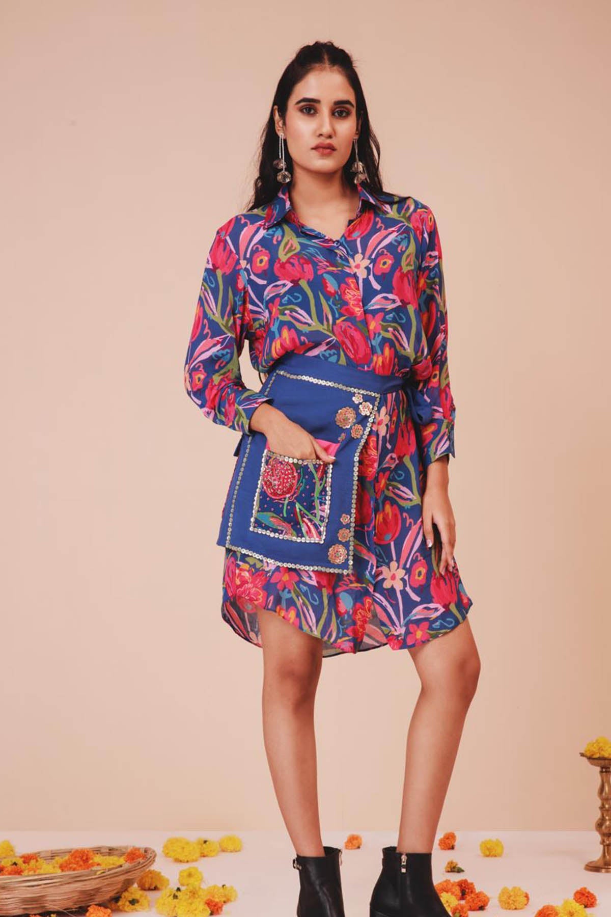 Buy Blue Embroidered Shirt Dress by Niyami for women online at ScrollnShops