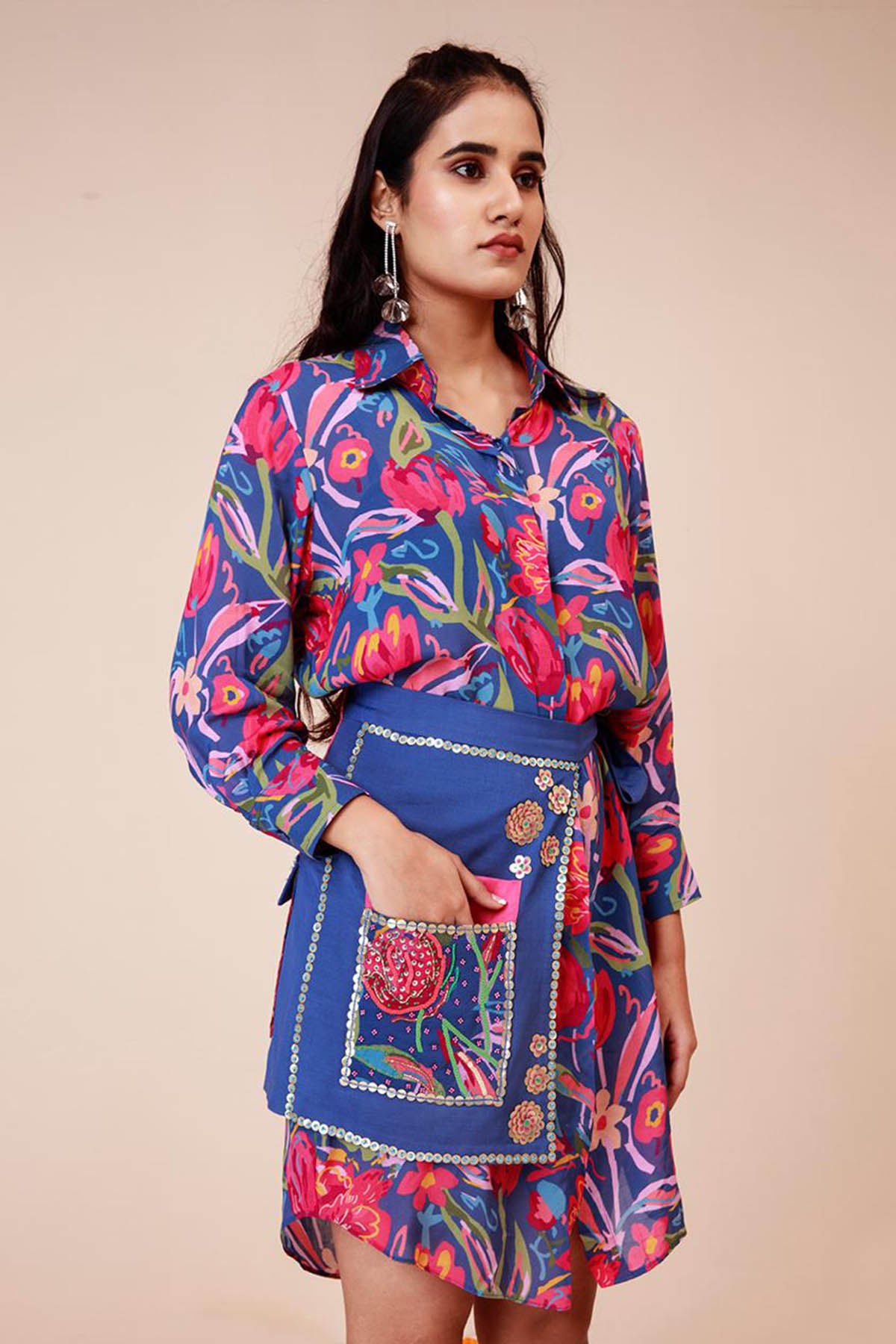 Blue Embroidered Shirt Dress