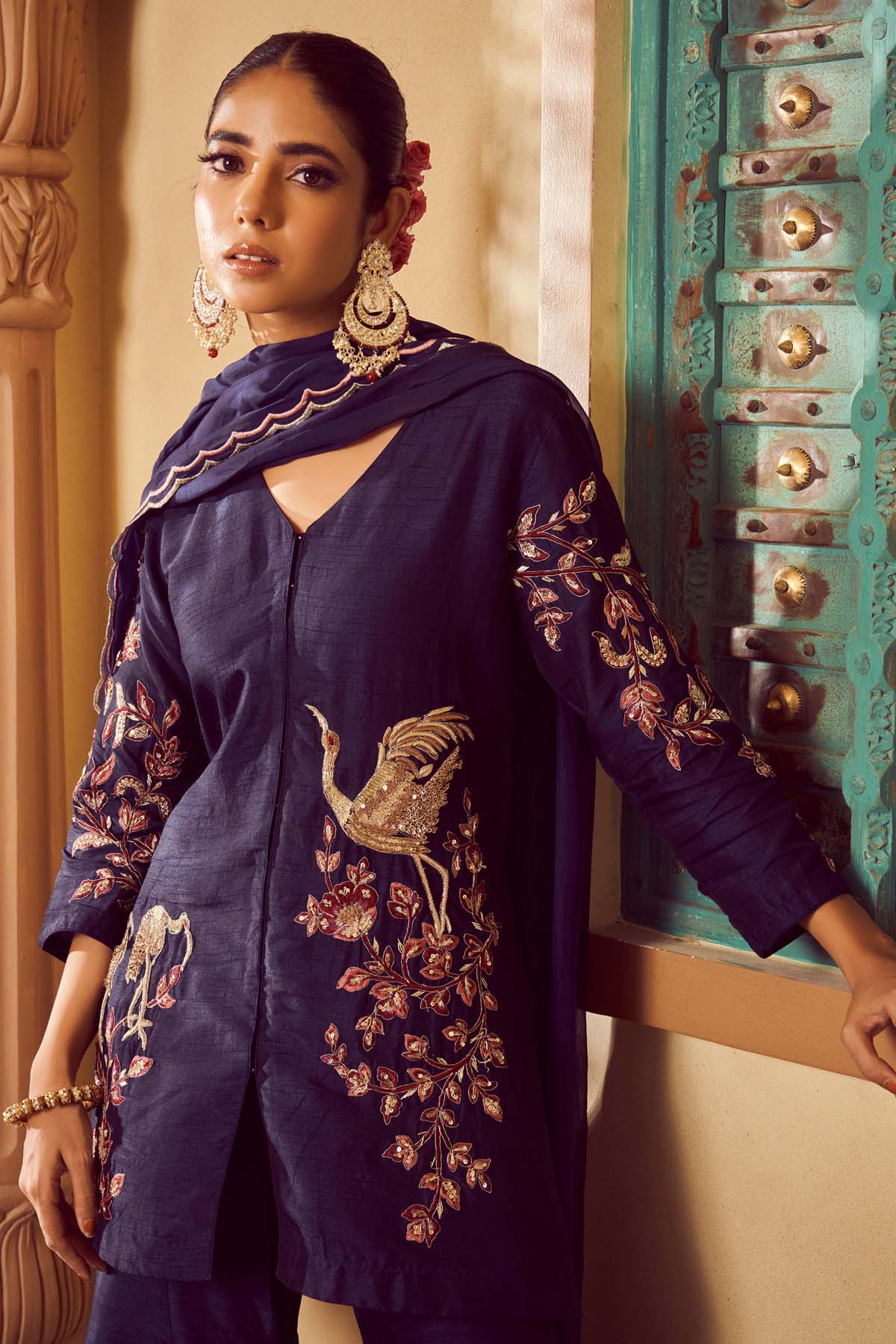 Blue Embroidered Short Kurta Set