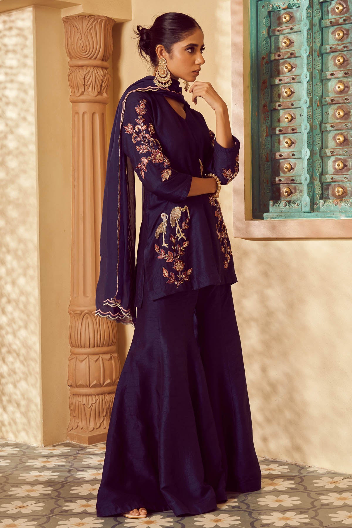 Blue Embroidered Short Kurta Set