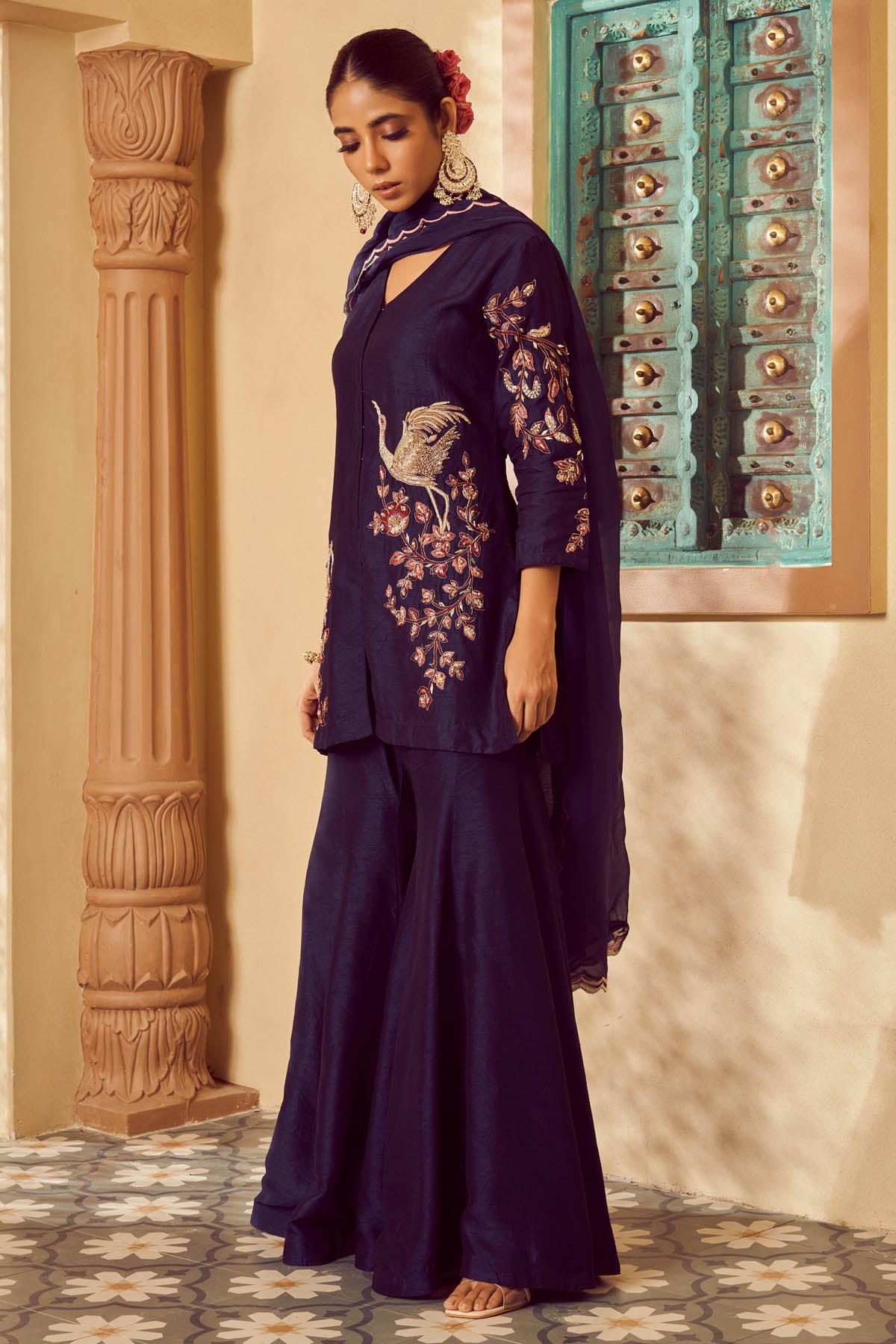 Blue Embroidered Short Kurta Set