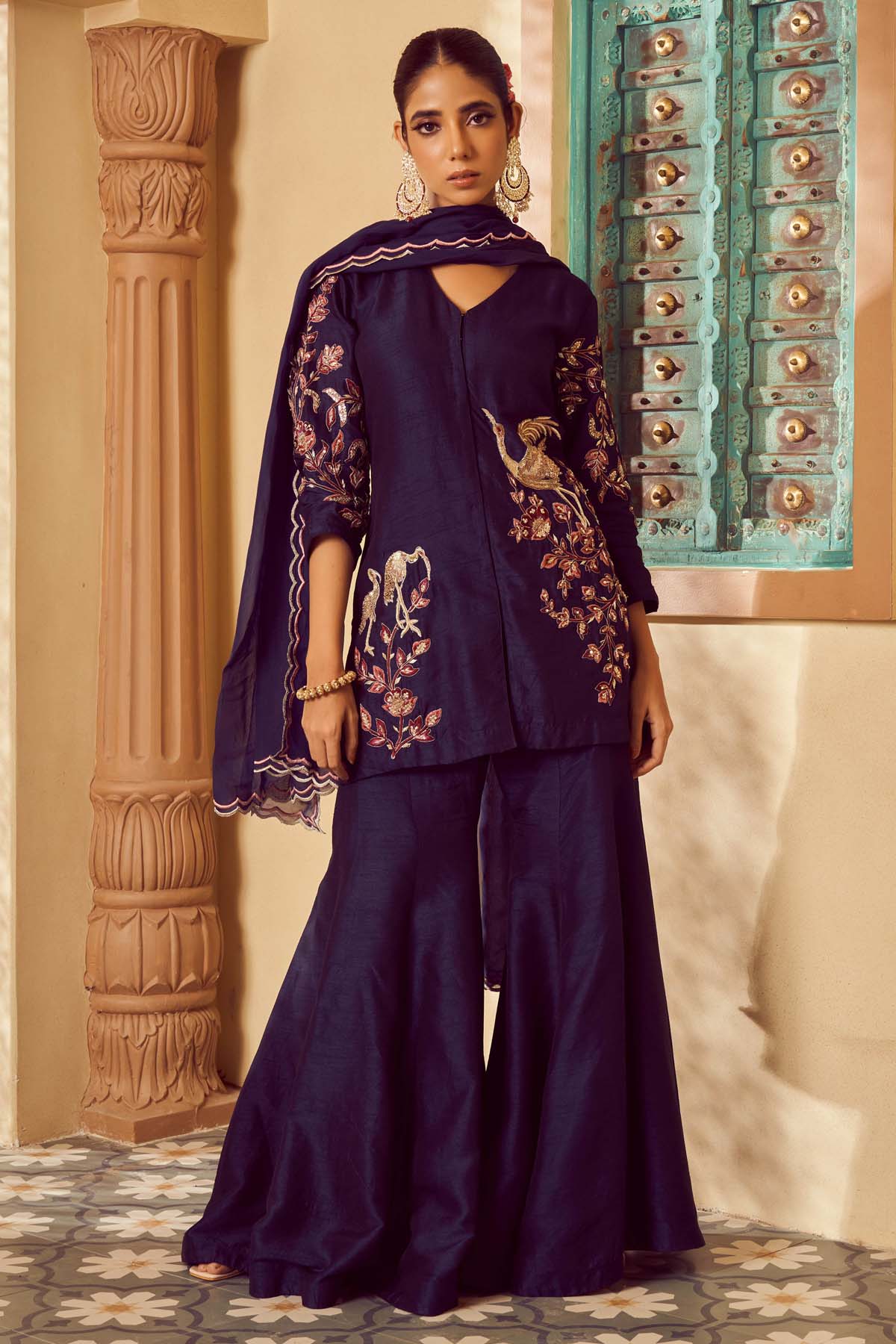 Megha Pitti Blue Embroidered Short Kurta Set for women online at ScrollnShops