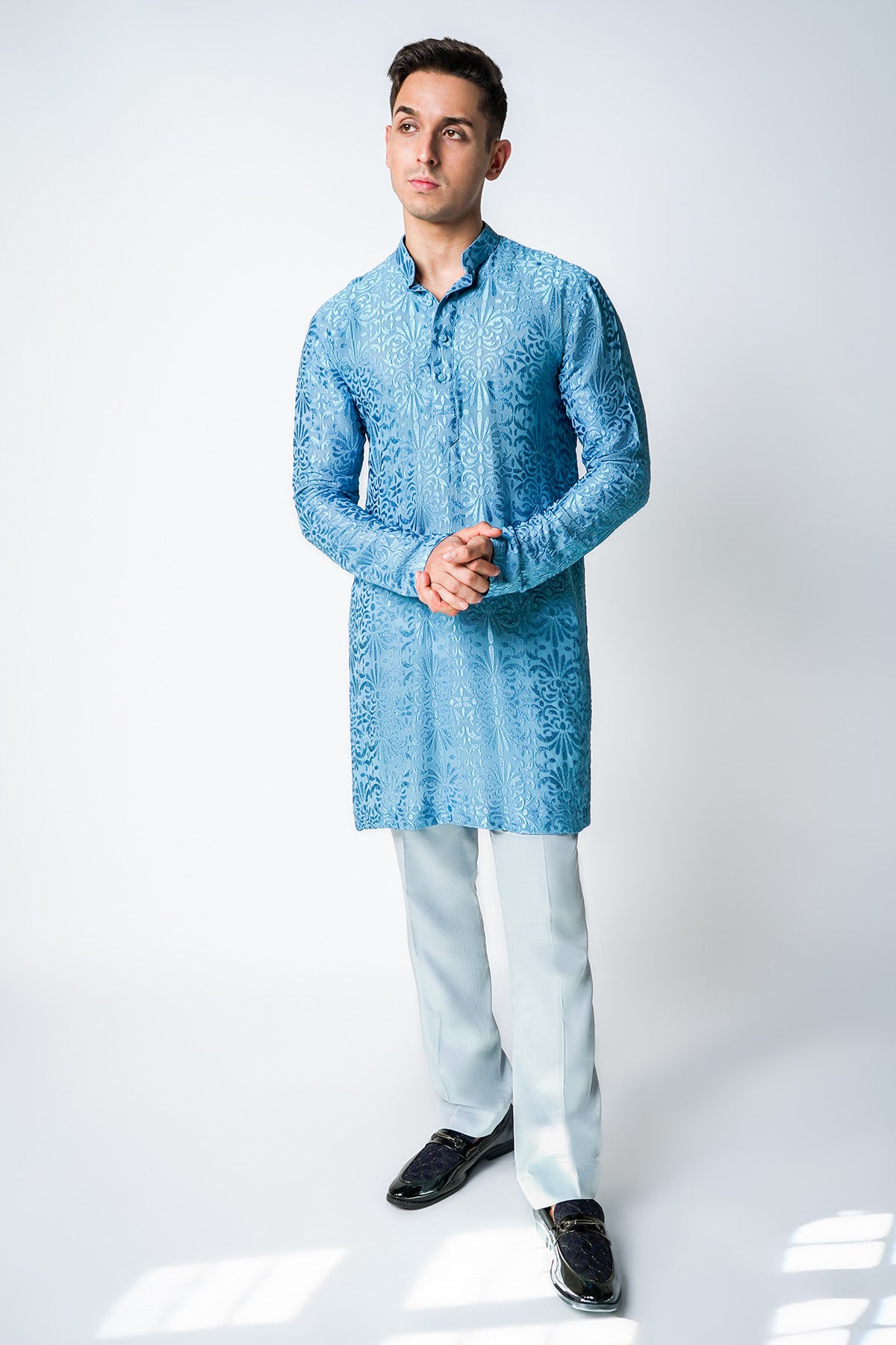 Blue Embroidered Silk Kurta Set