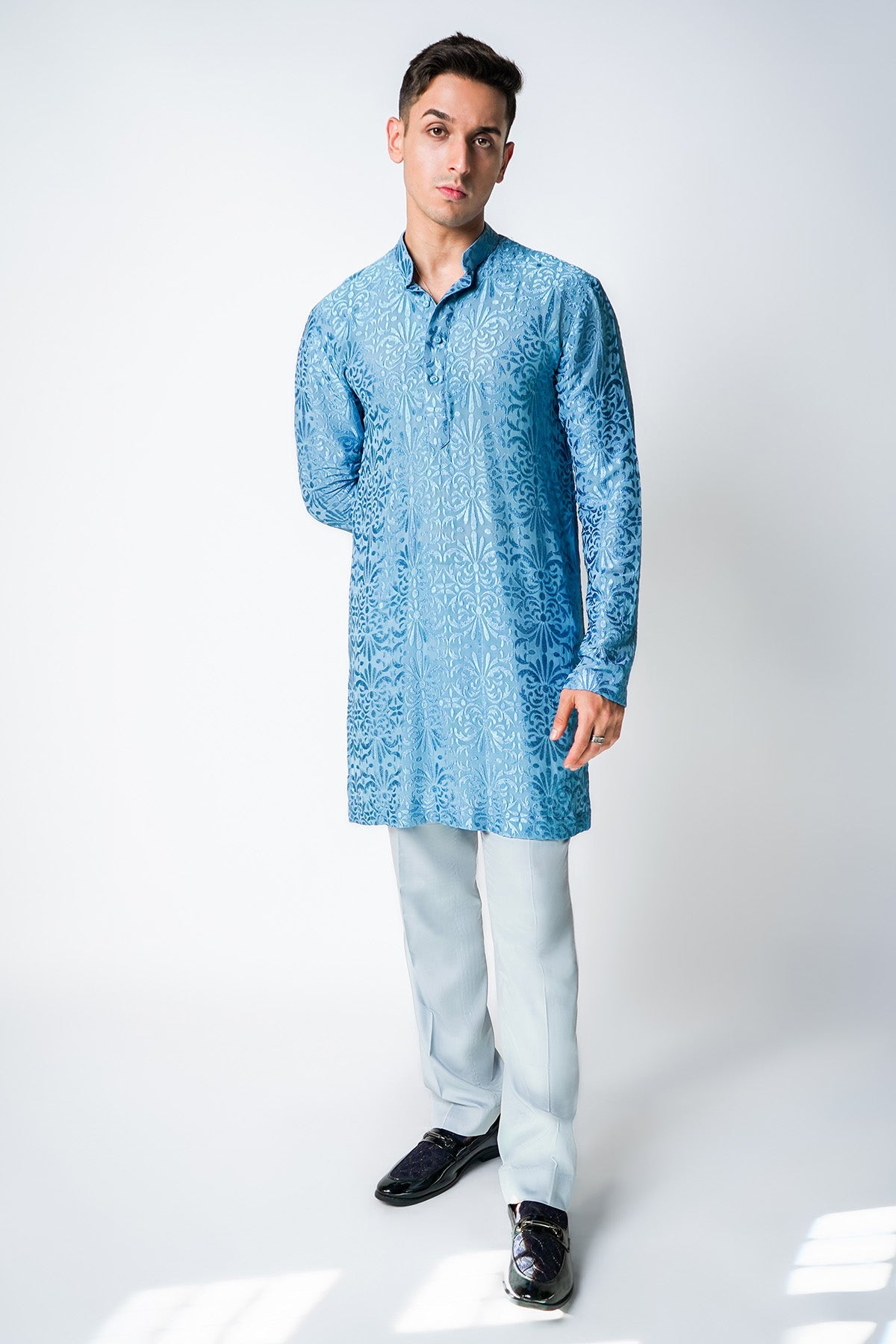 Buy Blue Embroidered Silk Kurta Set for men by House of Sheriff online available at scrollnshops