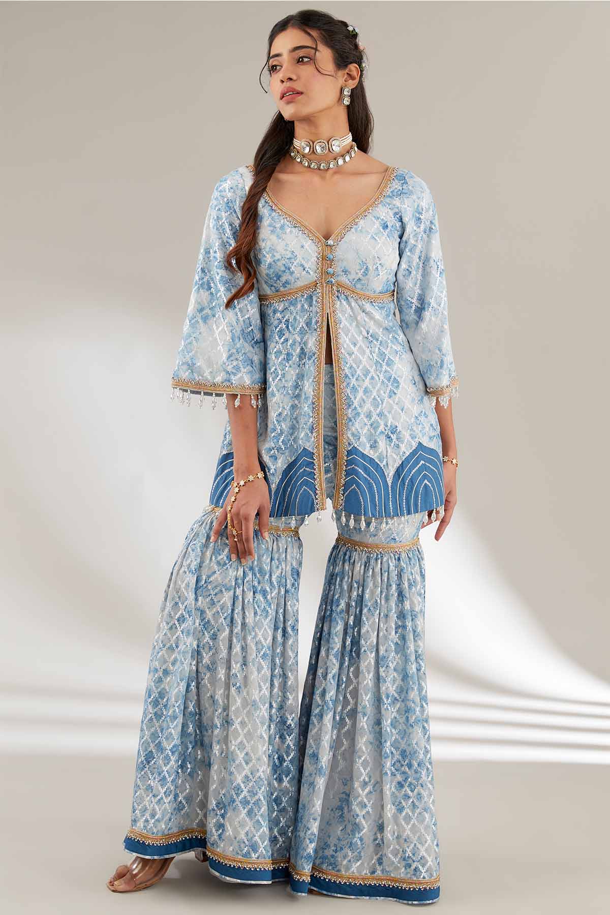 Buy Blue Embroidered Top & Garara by Ajiesh Oberoi for women online at ScrollnShops