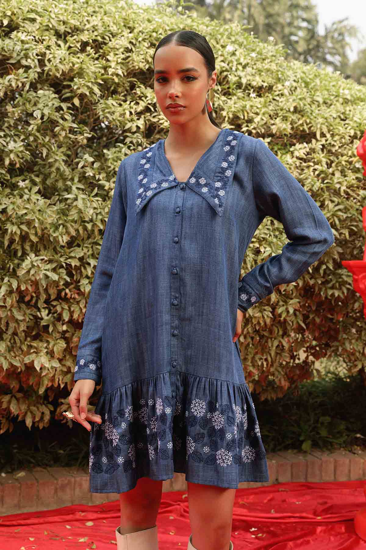 Buy Blue Embroidered V-Neck Dress by Sewtable Clothing for women online at ScrollnShops