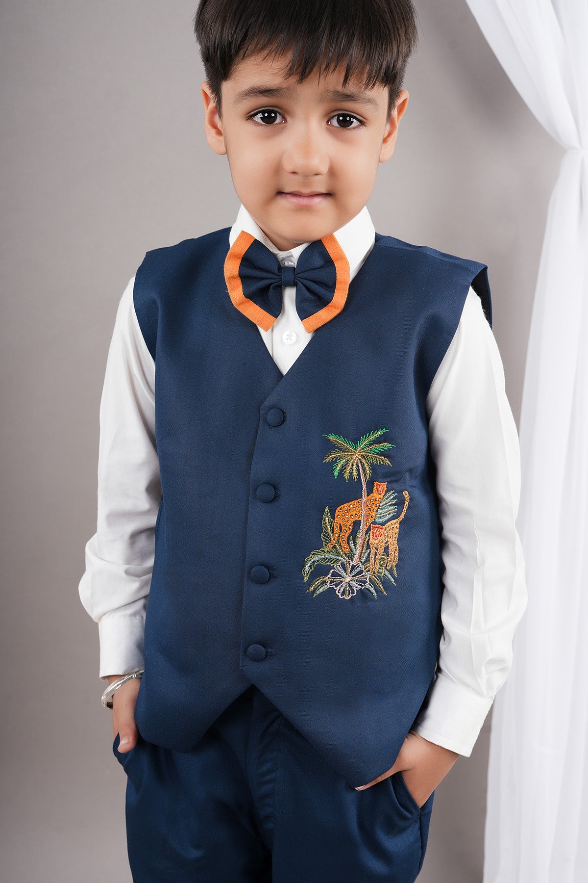 Blue Embroidered Waist Coat Set