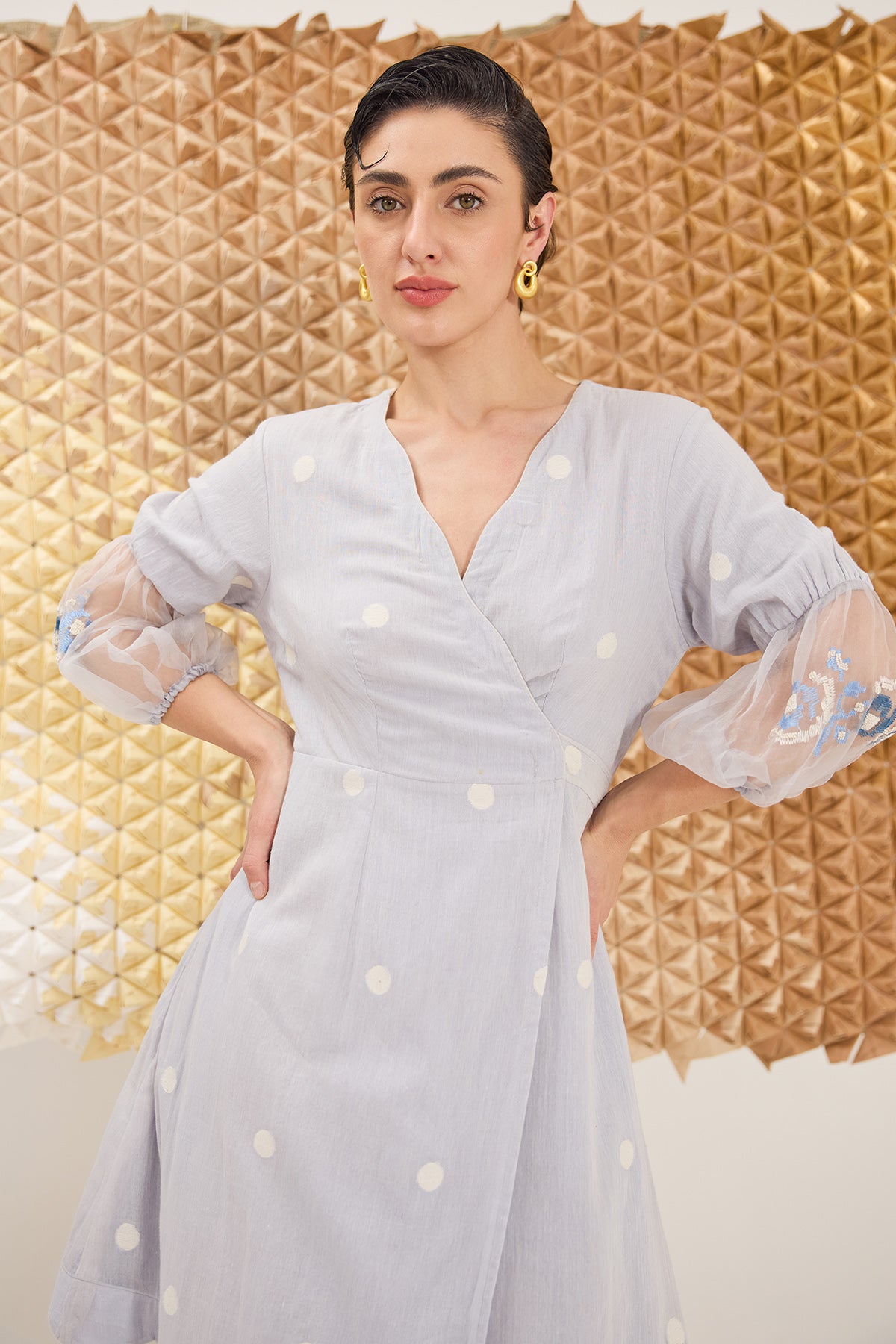 Blue Embroidered Wrap Dress