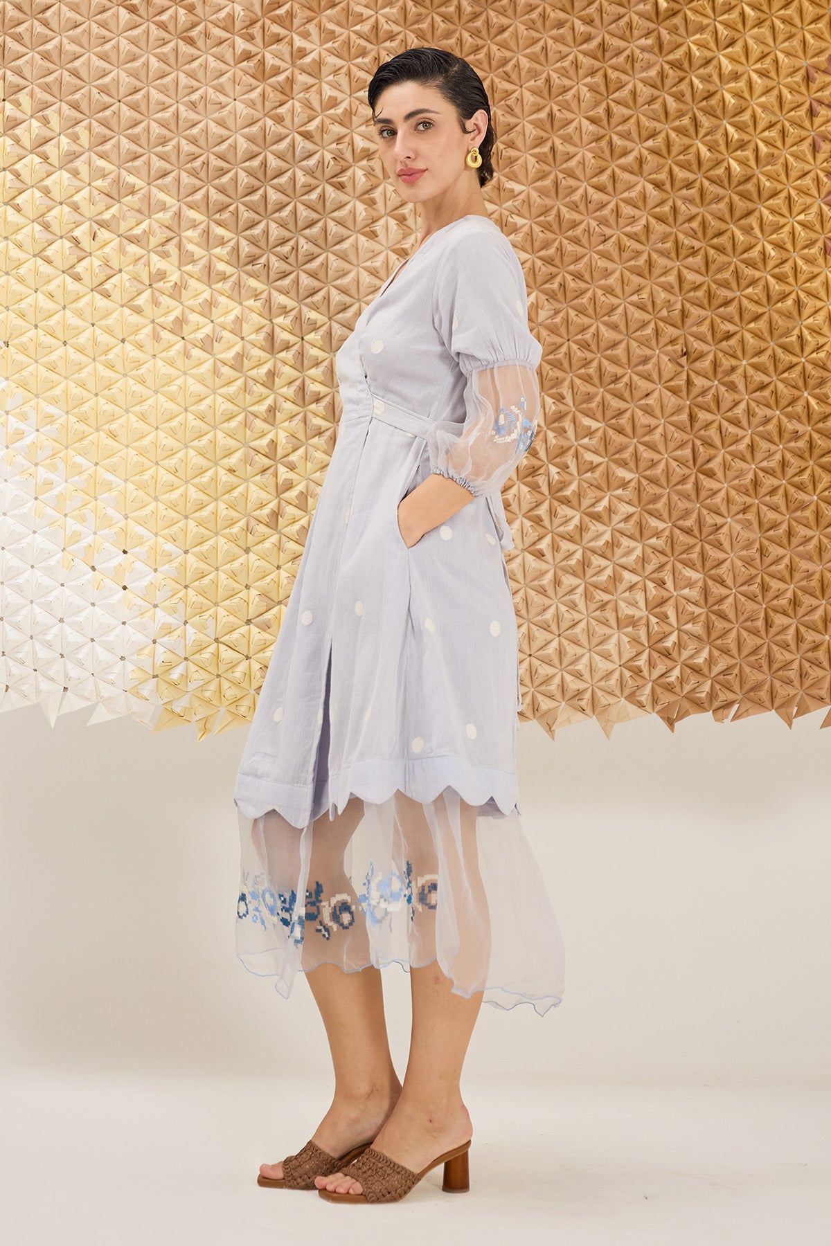 Blue Embroidered Wrap Dress