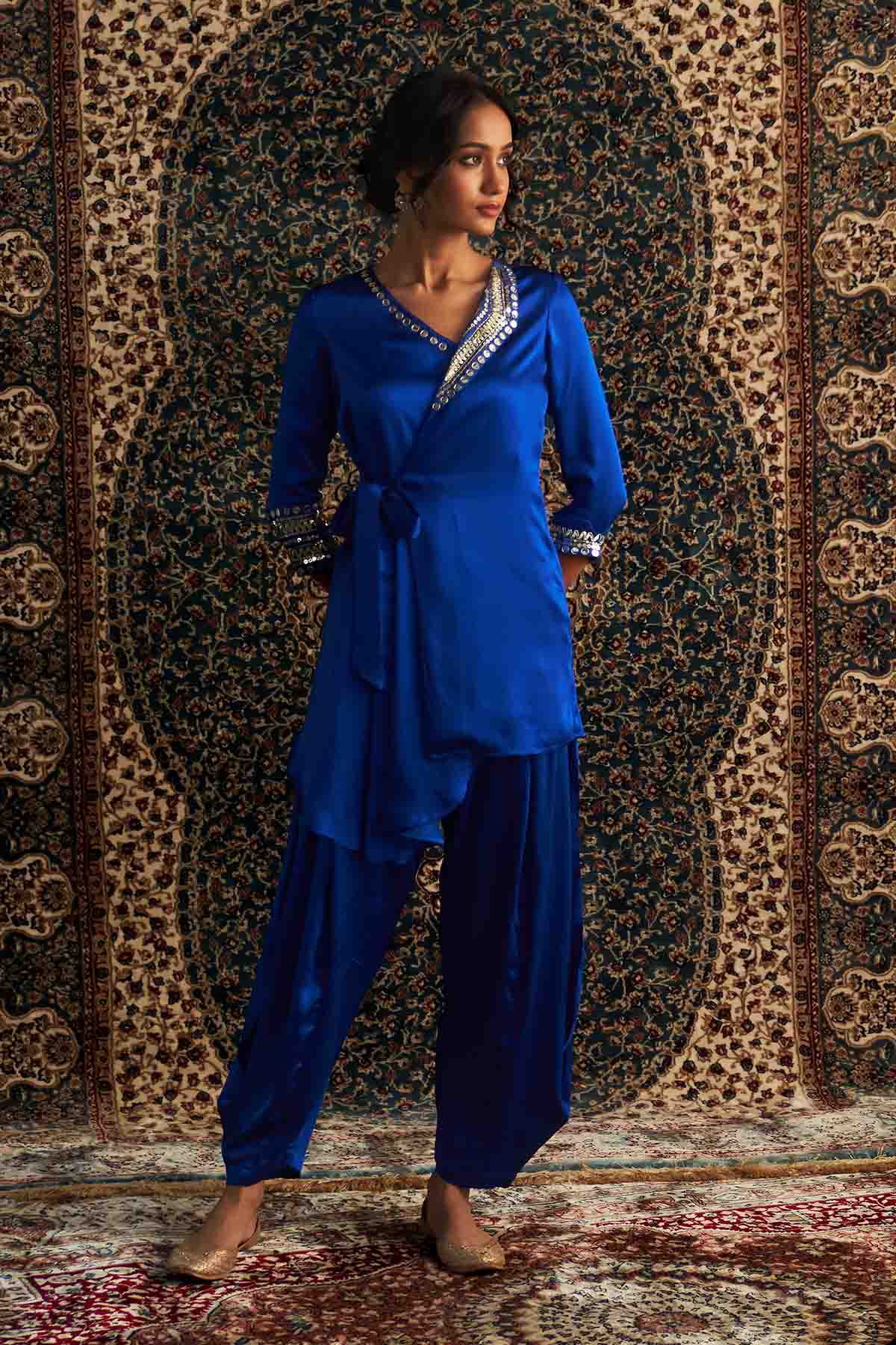 Buy Blue Embroidered Wrap Kurta Set by Charkhee for women online at ScrollnShops