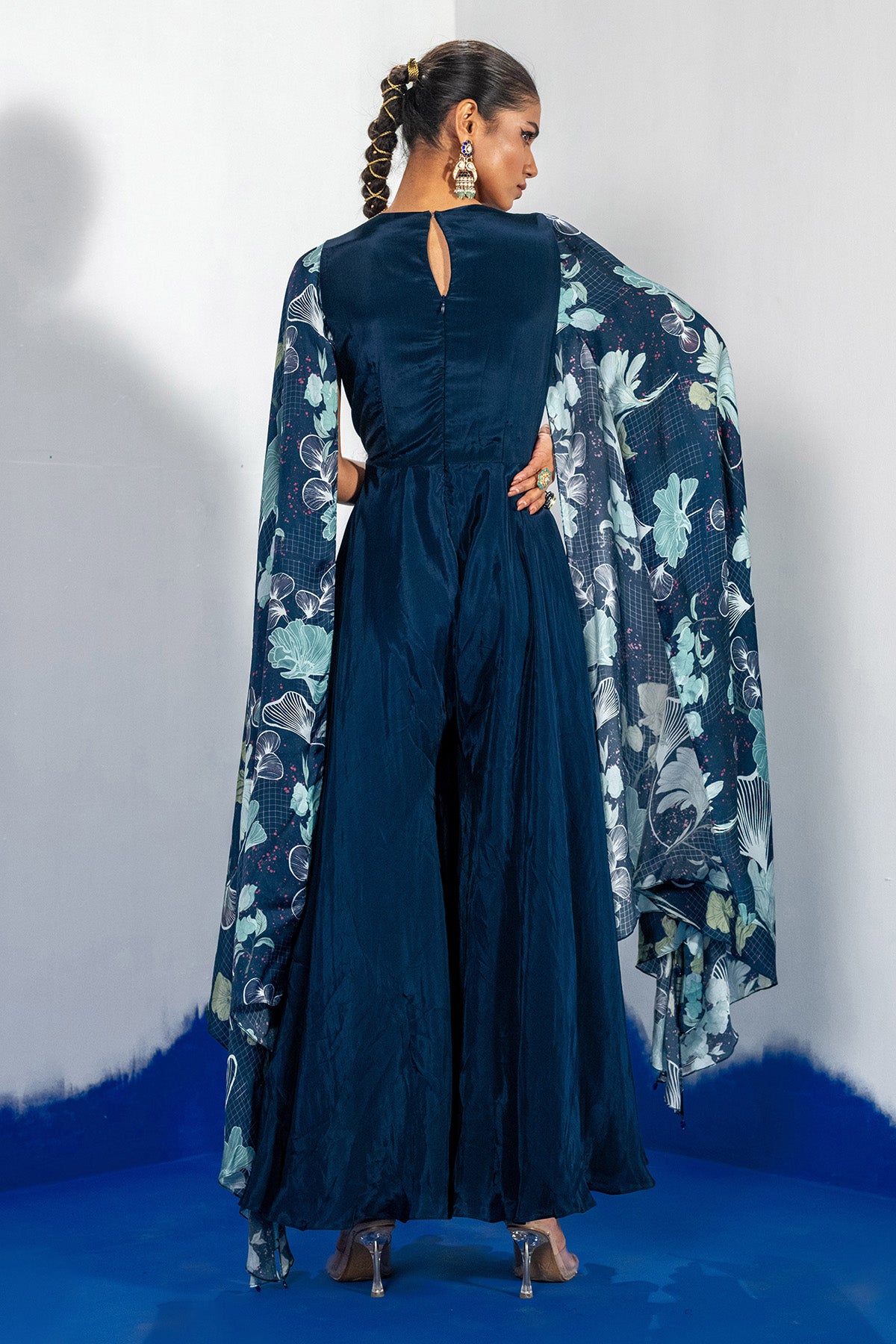 Blue Embroidered Yoke Jumpsuit