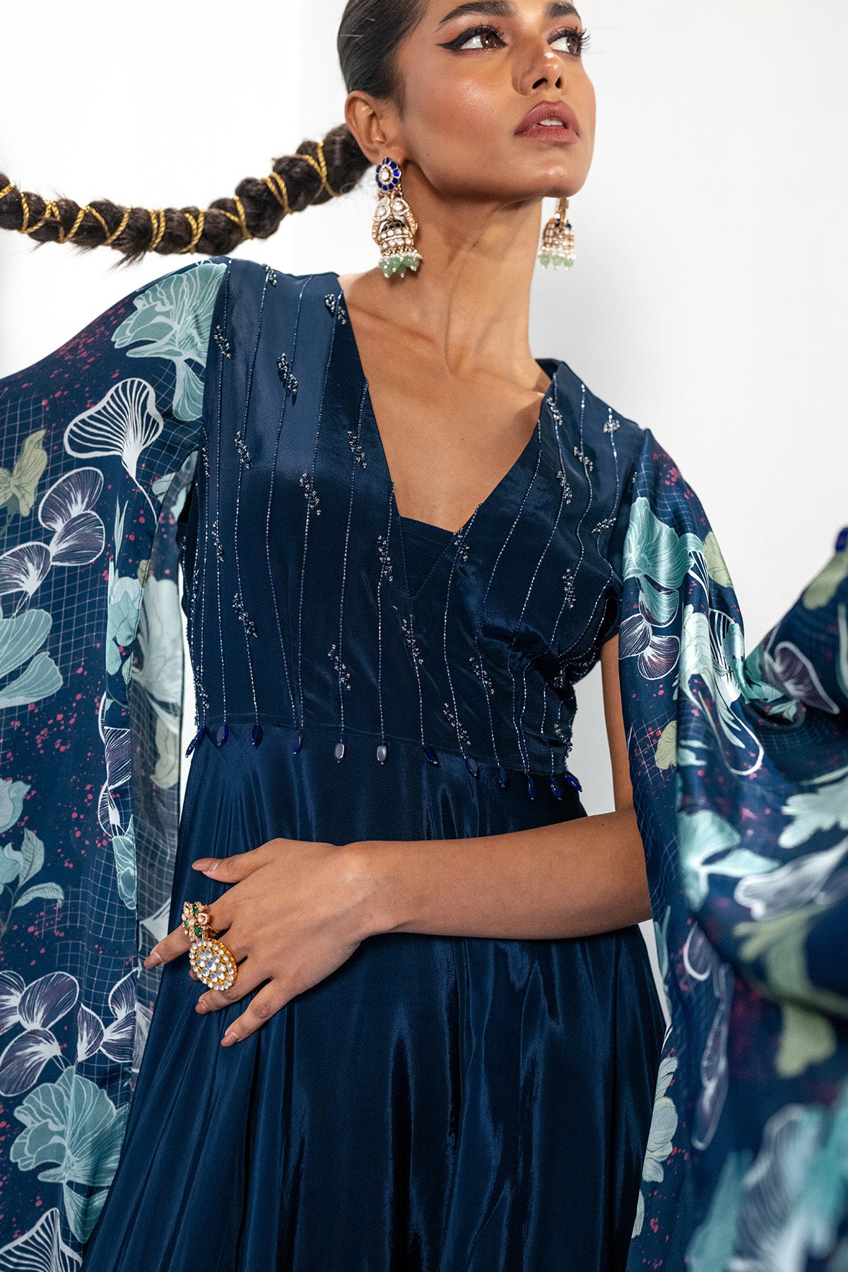 Blue Embroidered Yoke Jumpsuit