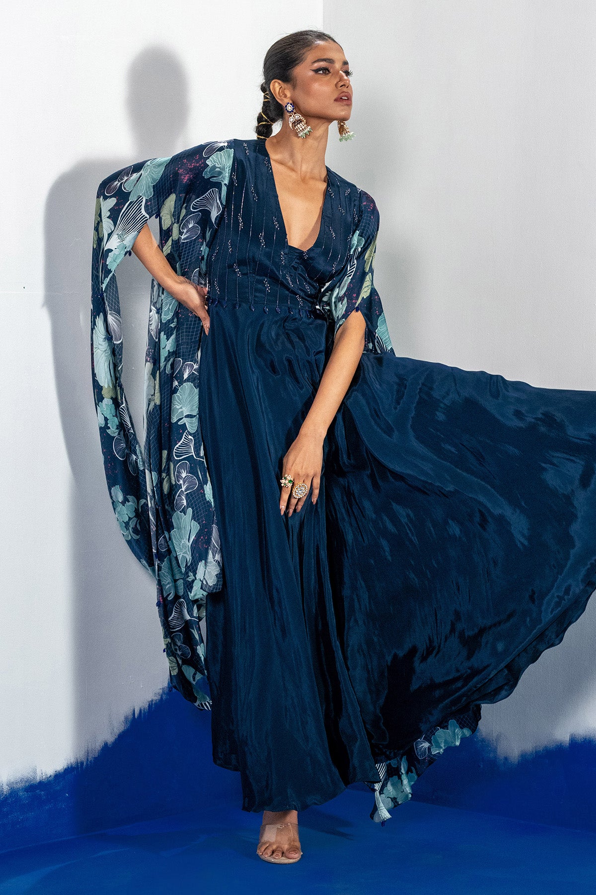 Blue Embroidered Yoke Jumpsuit