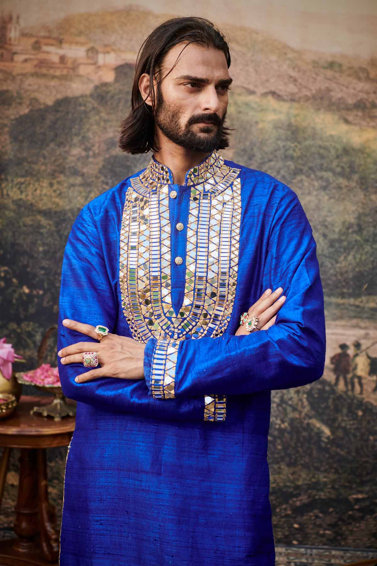 ITRH Blue Embroidered Yoke Kurta Set for men online at ScrollnShops