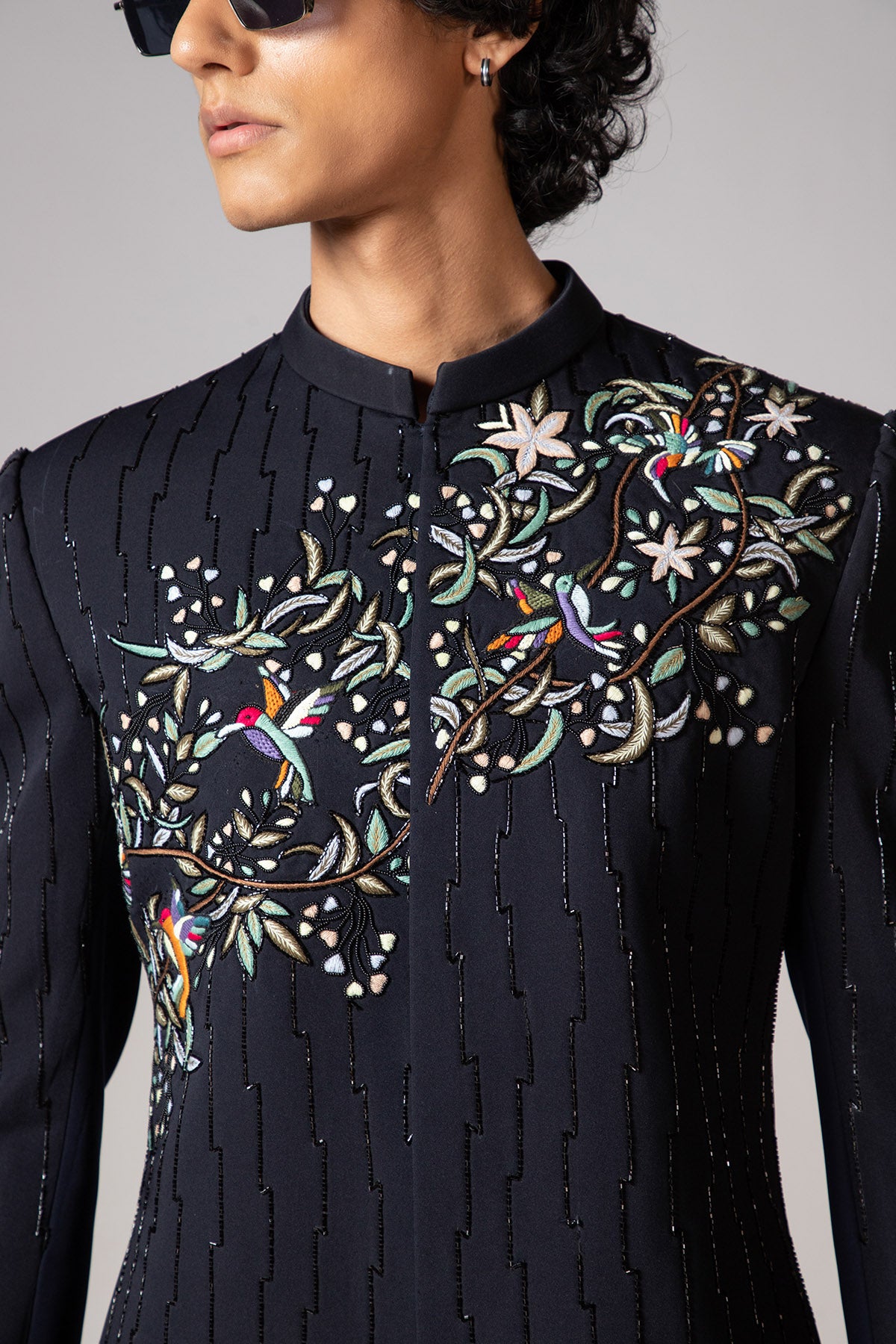 Blue Embroidery Bird Achkan Set