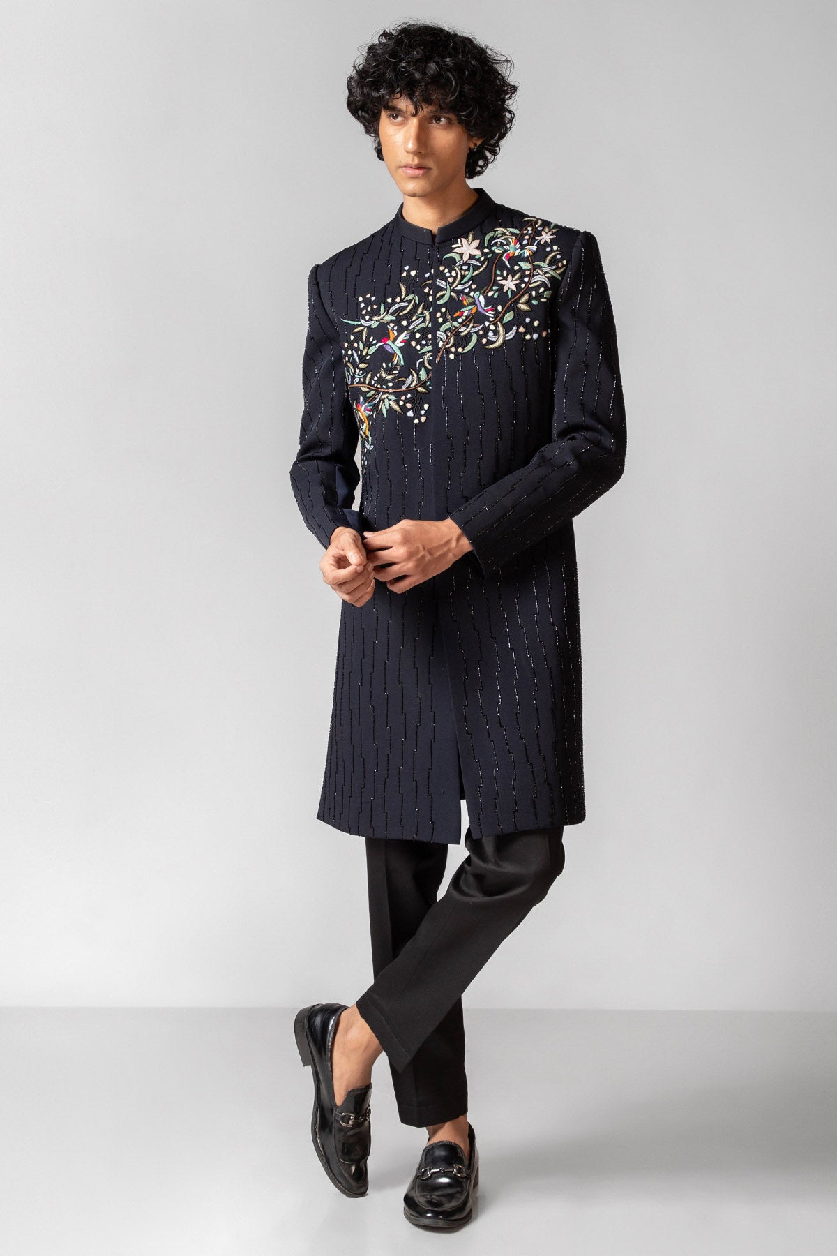 Blue Embroidery Bird Achkan Set
