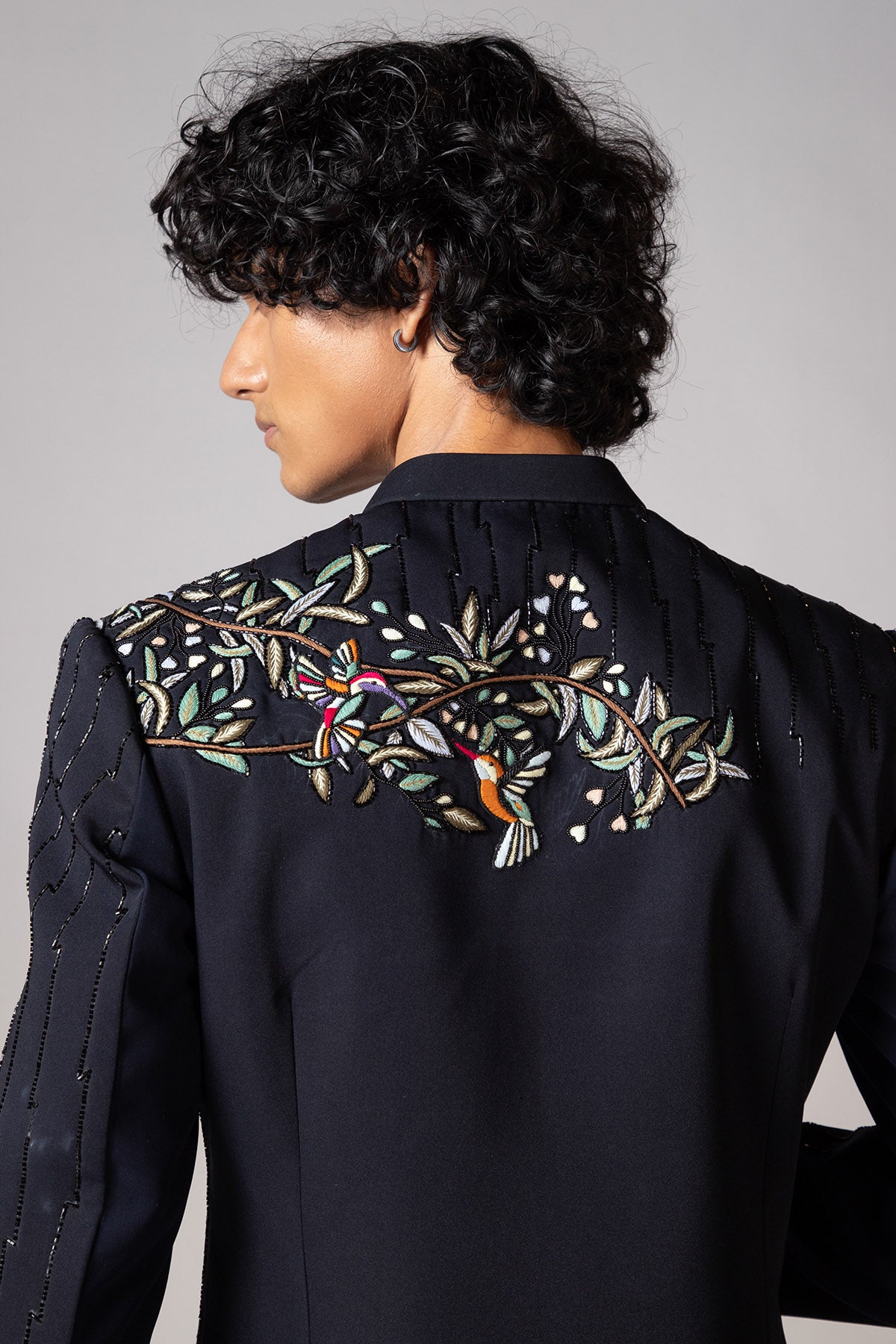 Blue Embroidery Bird Achkan Set