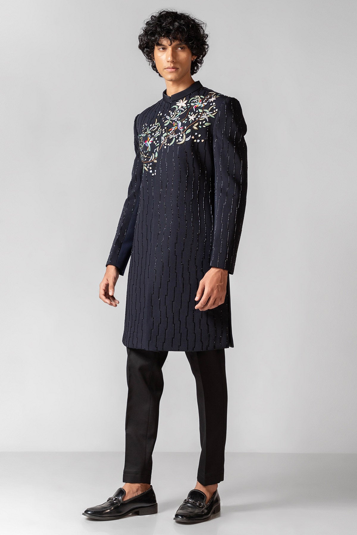 Blue Embroidery Bird Achkan Set