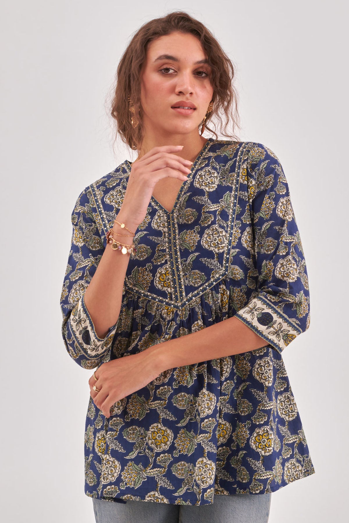 Blue Floral Adda Detailed Top