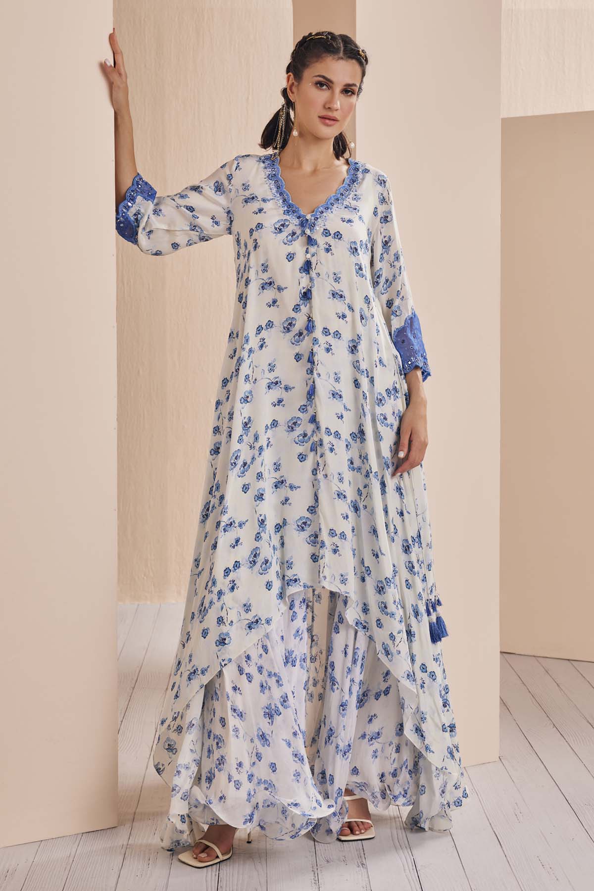 Buy Blue Floral Assymetrical Kurta Set by Mandira Wirk