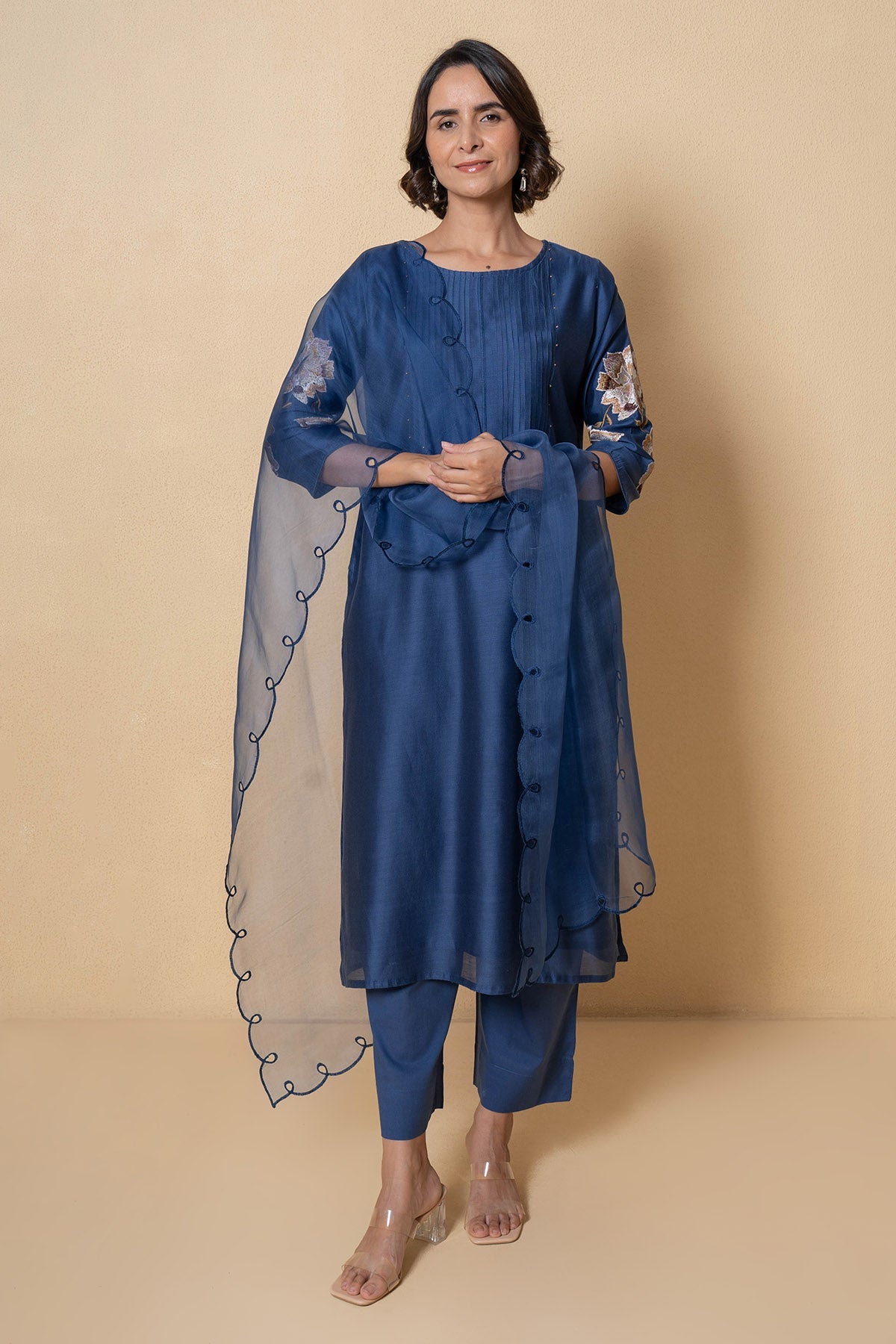 Buy Blue Floral Chanderi Kurta Set for Women Online at ScrollnShops