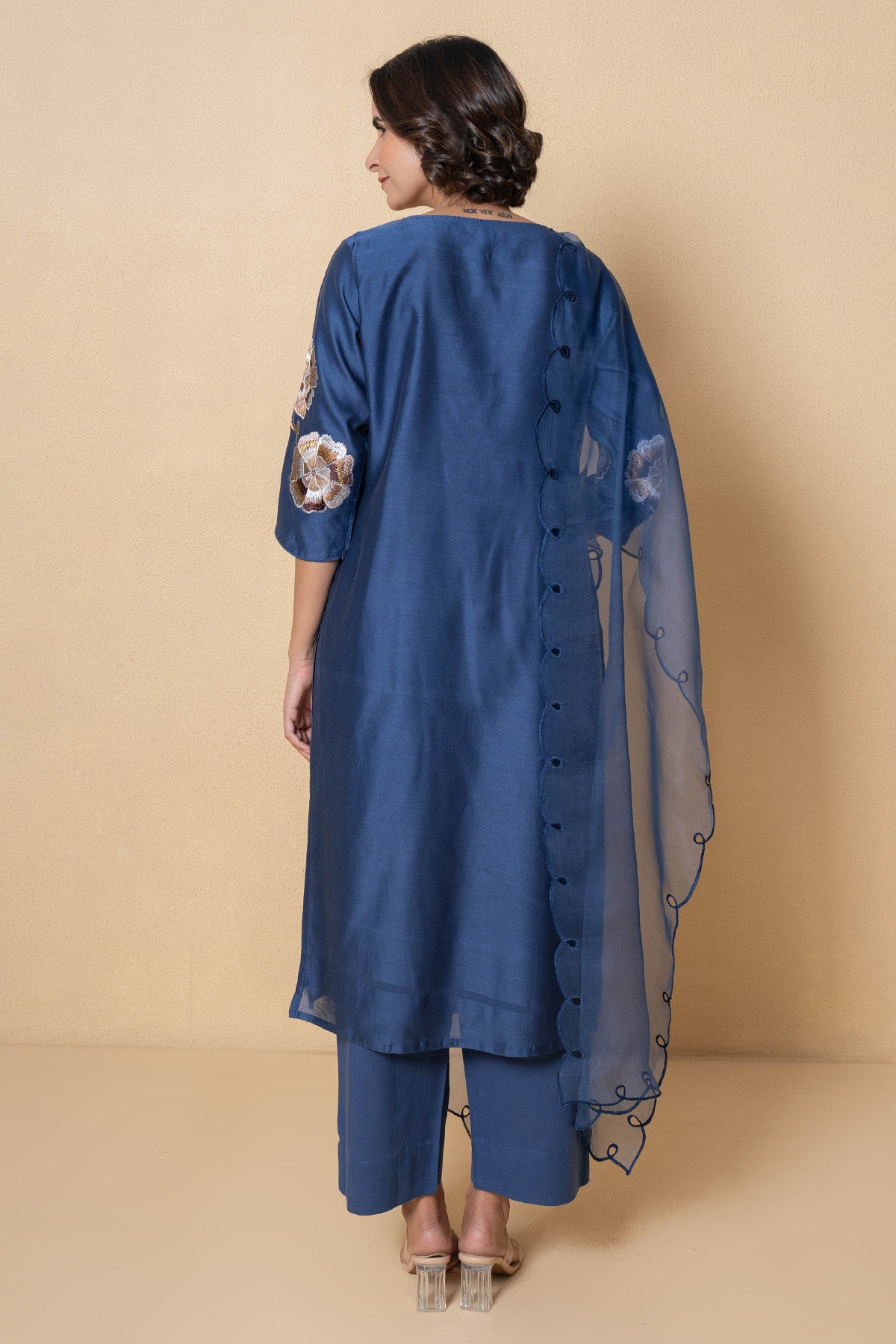 Blue Floral Chanderi Kurta Set