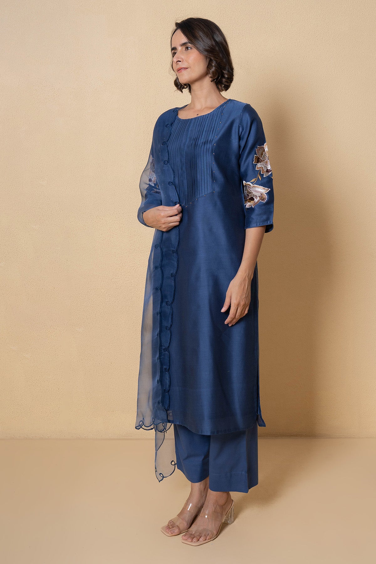 Blue Floral Chanderi Kurta Set