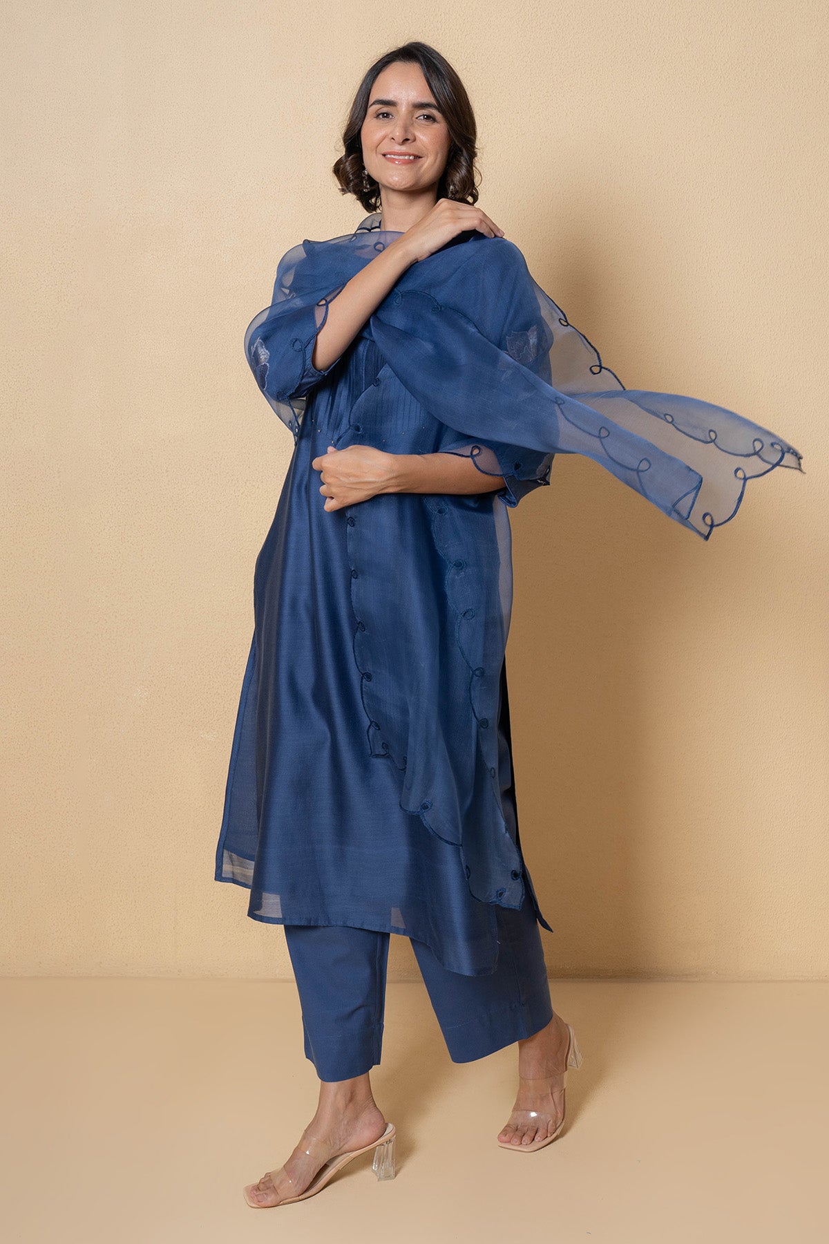 Blue Floral Chanderi Kurta Set