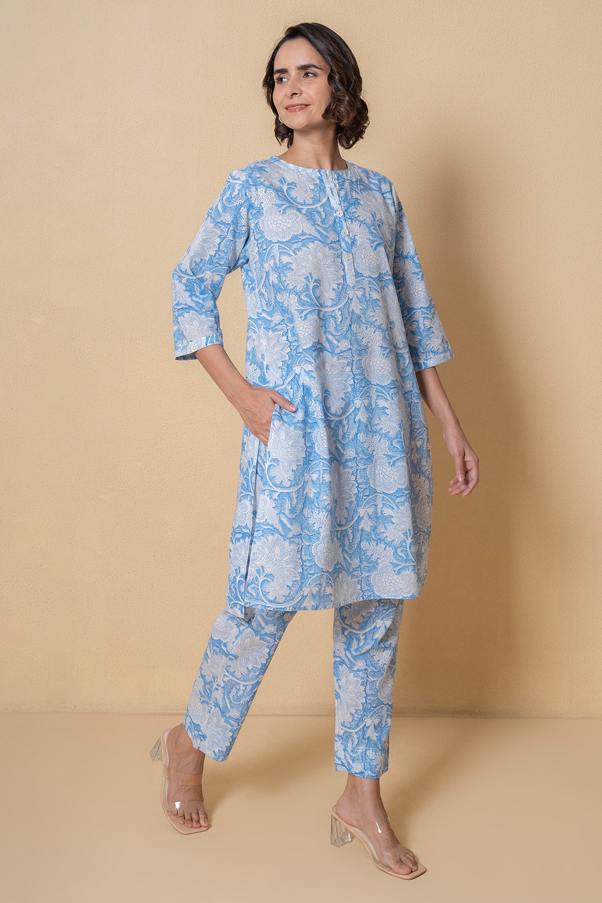 Blue Floral Cotton Kurta set