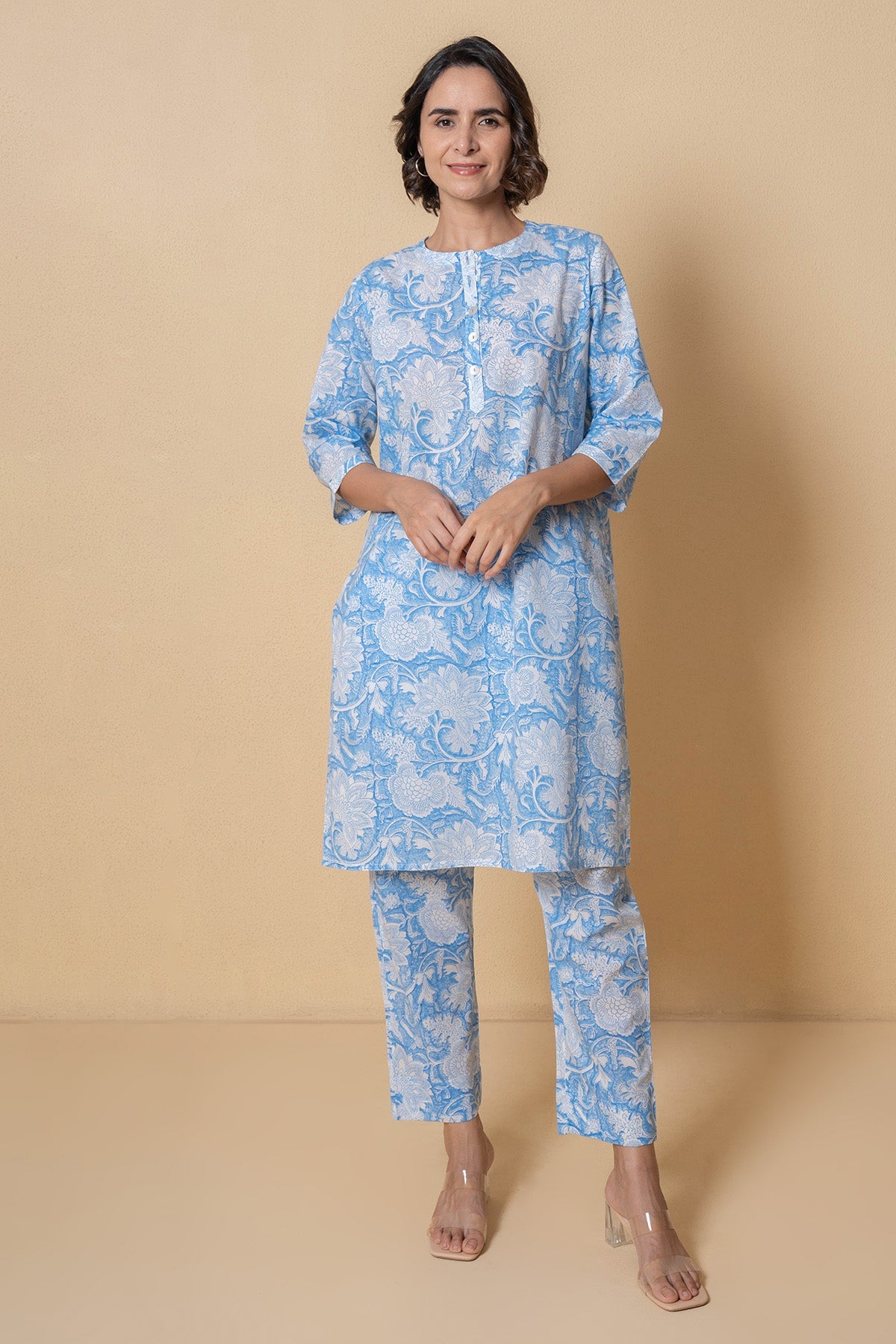 Buy Blue Floral Cotton Kurta set for Women Online at ScrollnShops