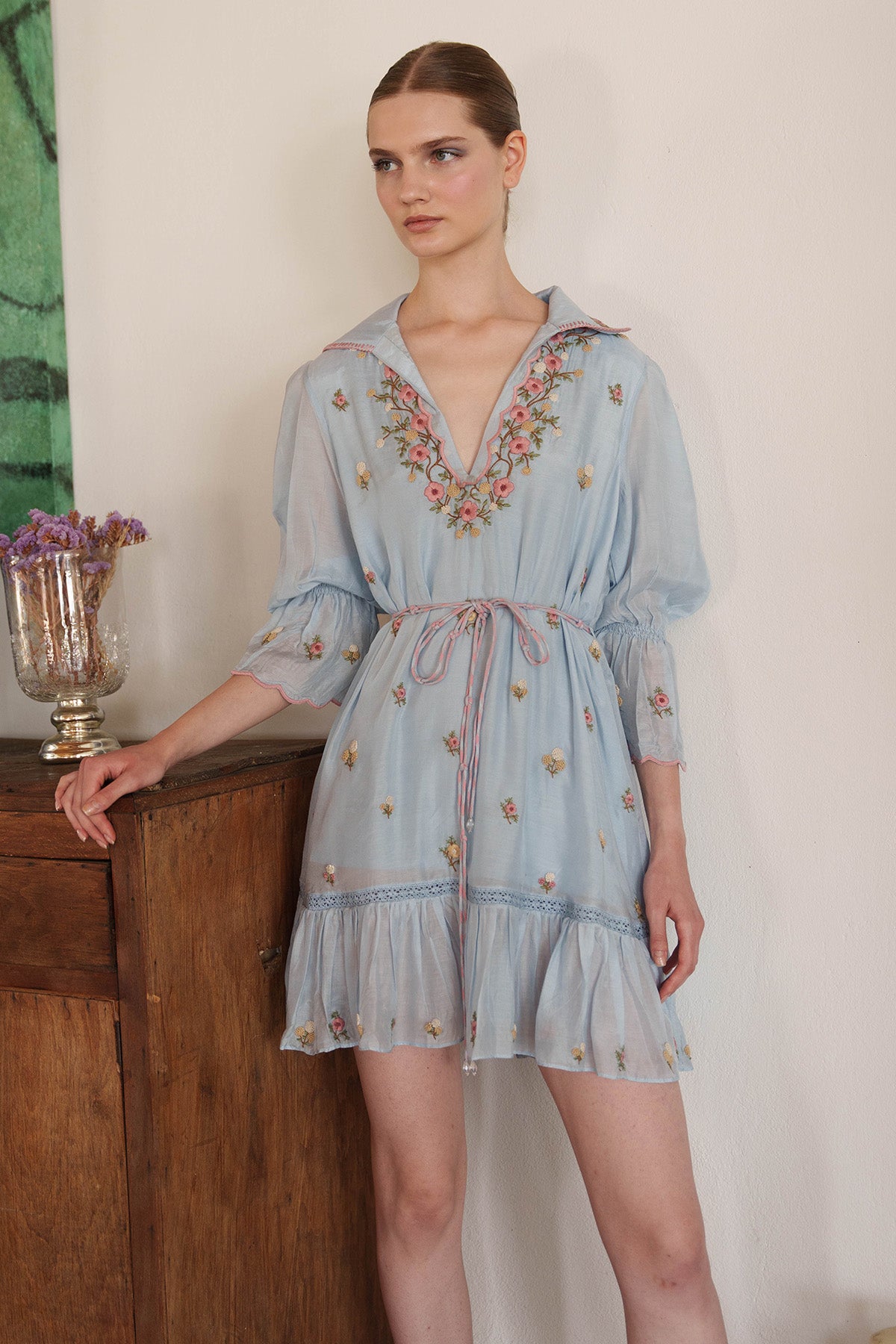 Blue Floral Embroidered Dress