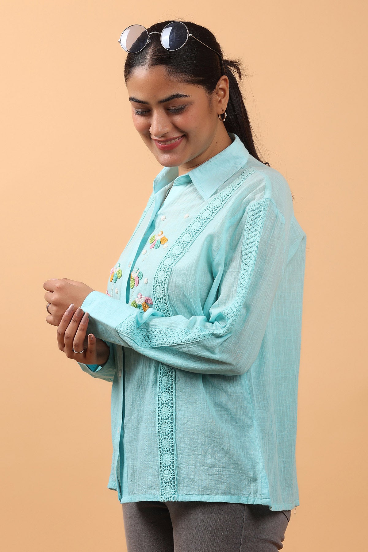 Blue Floral Embroidered Shirt