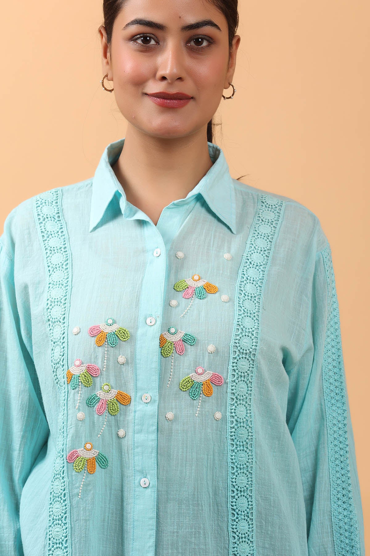 Blue Floral Embroidered Shirt