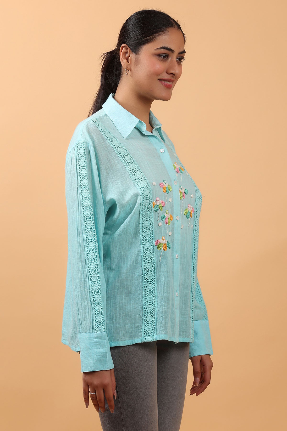 Blue Floral Embroidered Shirt