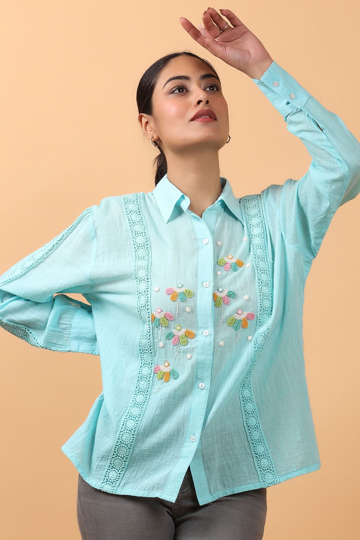 Buy Blue Floral Embroidered Shirt by OSKOS for women online at ScrollnShops