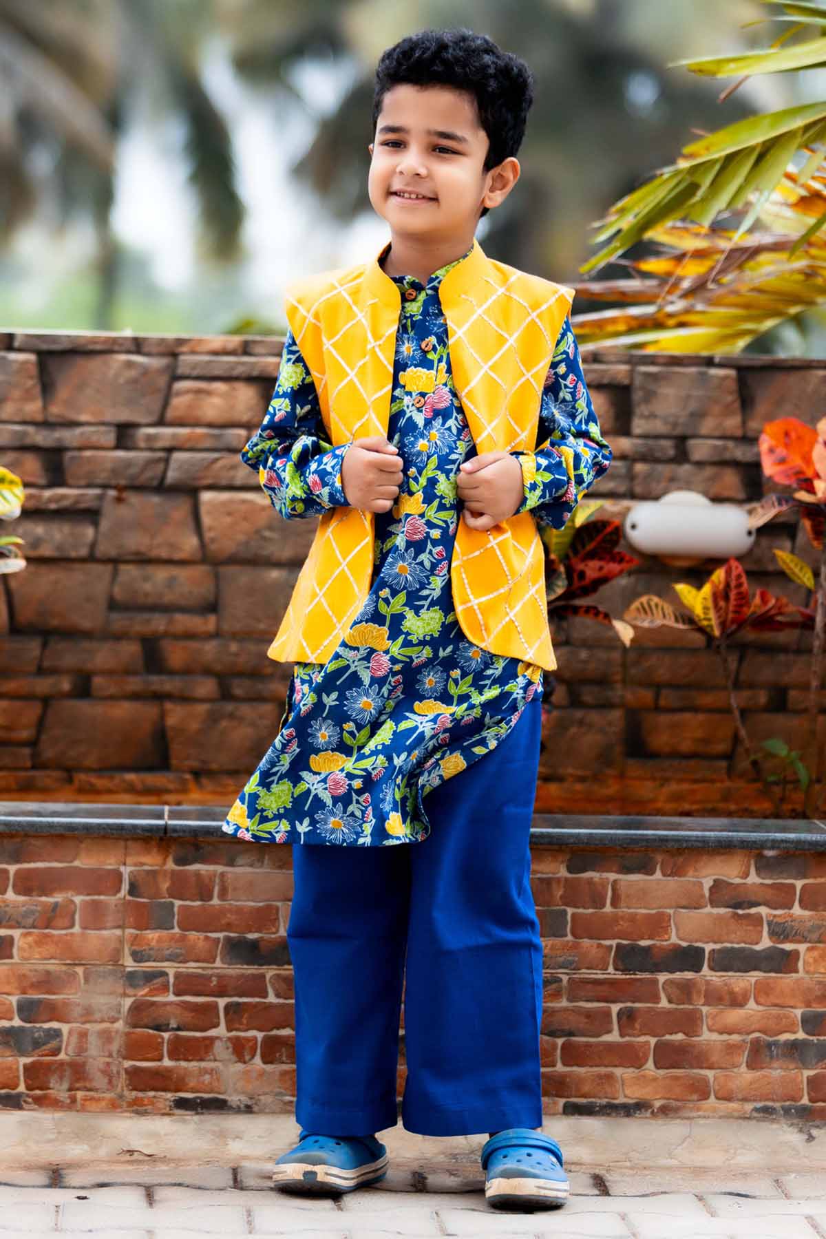 Designer Mamma's Bear Blue Floral Kurta & Jacket Set For Kids (Boys & Girls) Available online at ScrollnShops