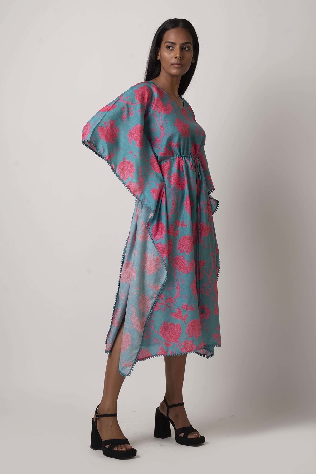 Buy Designer Blue Floral Muslin Kaftan for Women Online