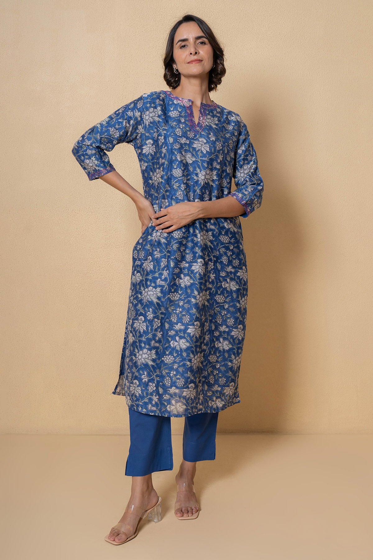 Blue Floral Print Kurta Set