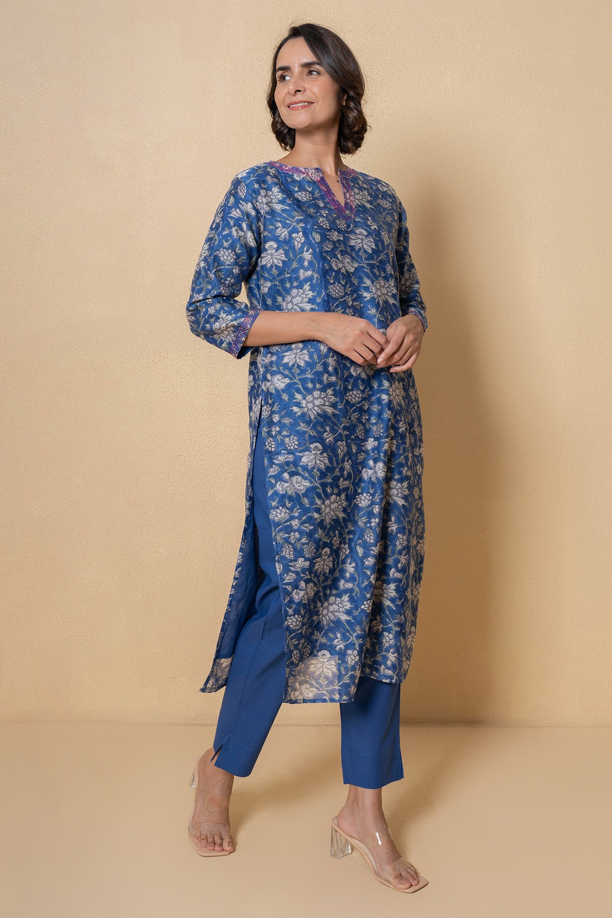 Blue Floral Print Kurta Set