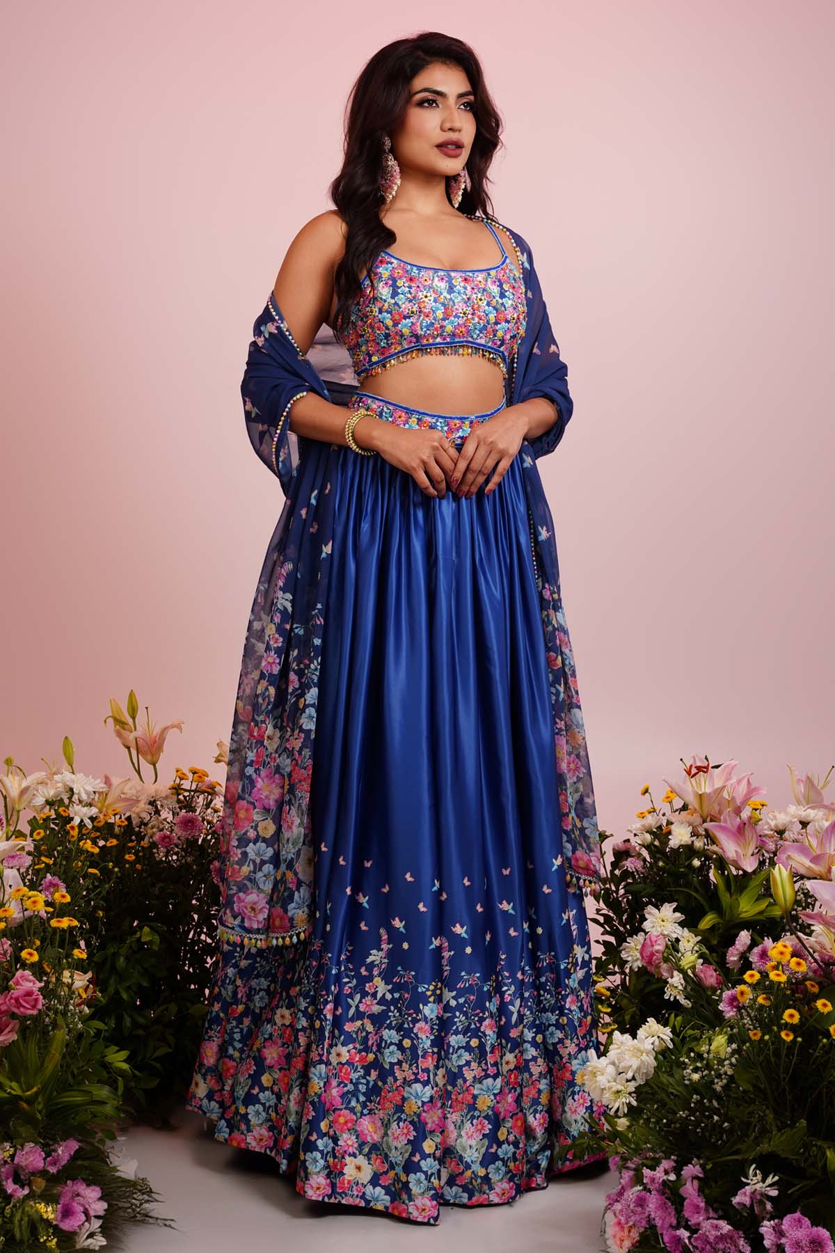 Priyanka Kar Blue Floral Print Lehenga Set for women online at ScrollnShops