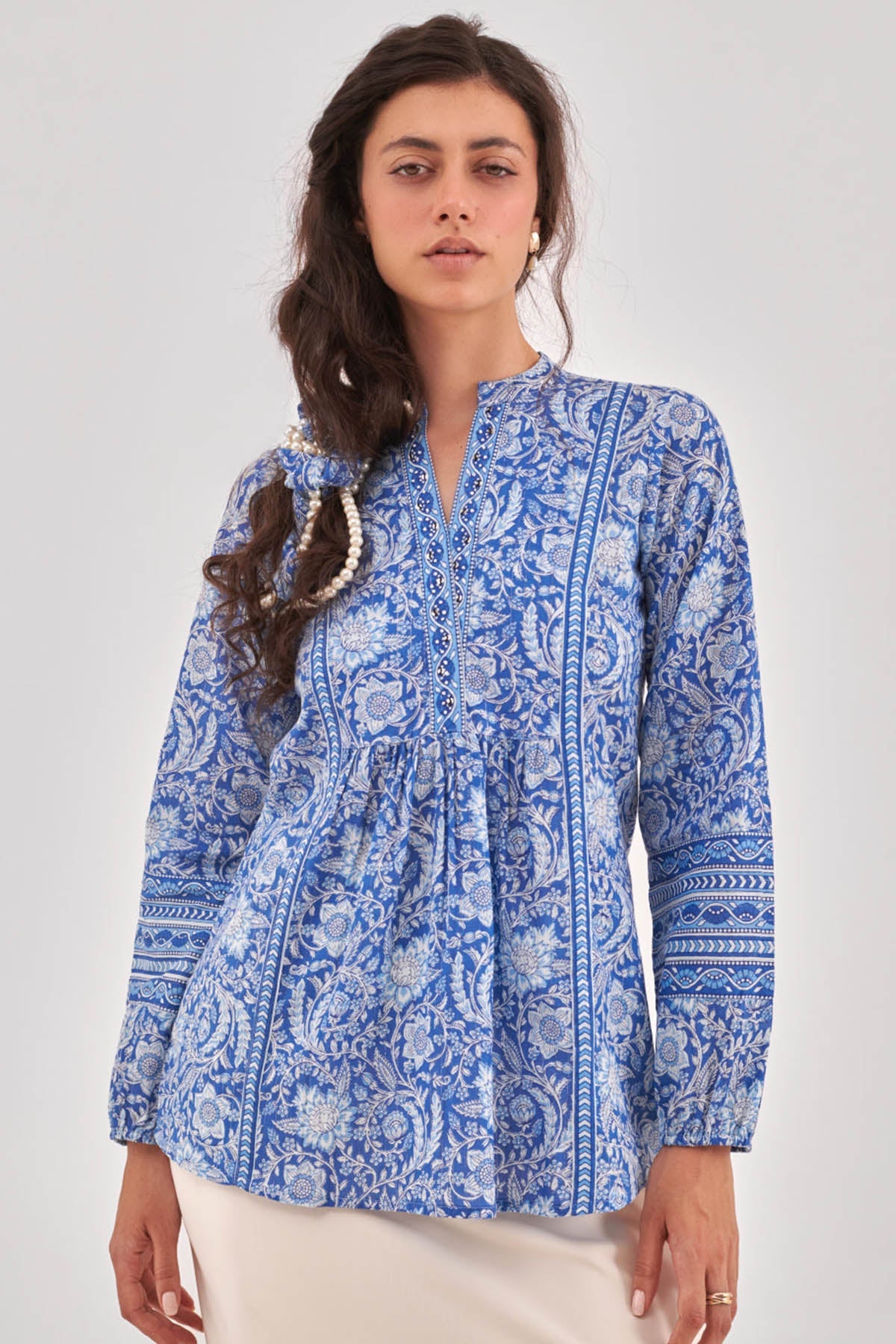 Buy Blue Floral Printed A Line Top for Women by Qomn Designer online available at scrollnshops