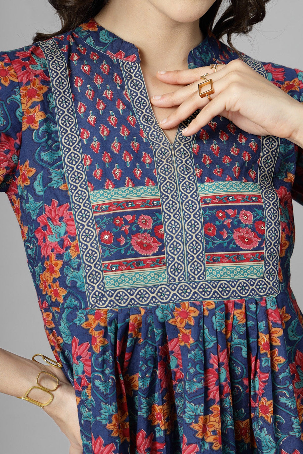 Blue Flower Printed A Line Top